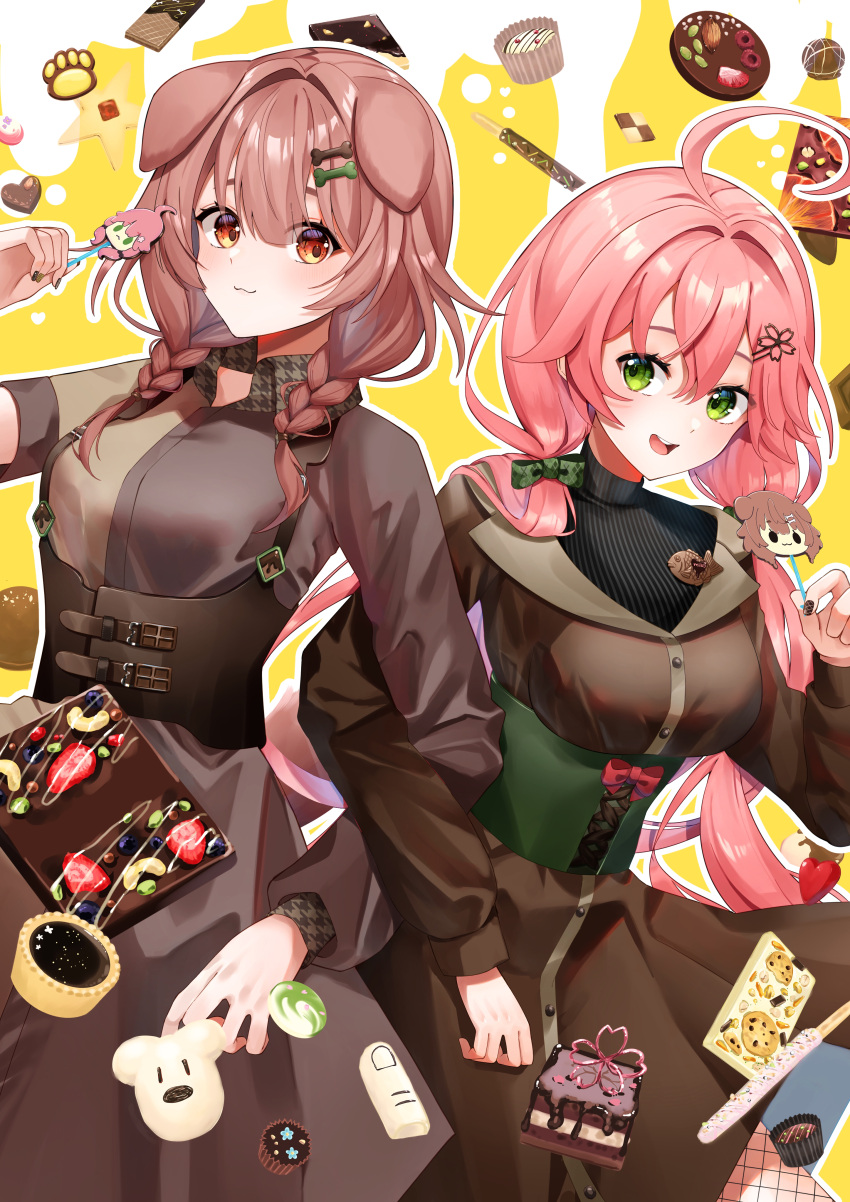 2girls :3 absurdres ahoge alternate_costume amesui animal_ears asymmetrical_sleeves black_shirt black_sweater bodice braid breasts brown_dress brown_eyes brown_hair cake candy chocolate collared_dress dessert dog_ears dog_girl dress floating flower food food-themed_background green_eyes hair_flower hair_ornament hairclip highres holding holding_candy holding_food hololive inugami_korone large_breasts locked_arms long_hair long_sleeves looking_at_another low_twintails medium_hair multiple_girls pink_hair sakura_miko severed_finger shirt sleeves_rolled_up smile sweater sweets teeth tongue turtleneck turtleneck_sweater twin_braids twintails uneven_sleeves upper_teeth_only virtual_youtuber yubi_yubi_(inugami_korone)