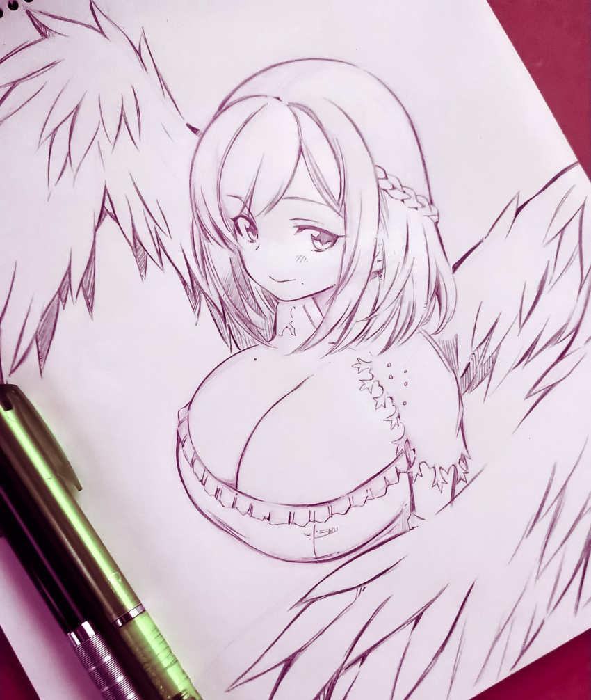 angel angel_wings art_tools_in_frame bad_id bad_twitter_id braid breasts closed_mouth cropped_torso feathered_wings female graphite_(medium) half_up_braid highres huge_breasts inactive_account looking_at_viewer mechanical_pencil medium_hair moira_(nijisanji) mole mole_on_breast mole_under_mouth monochrome nijisanji notebook pencil smile solo traditional_media tsukareta_san virtual_youtuber wings