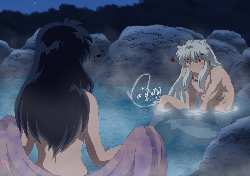 1boy 2023 animal_ears between_legs black_hair blush brown_eyes cat_ears completely_nude english_commentary female hand_between_legs heart highres higurashi_kagome inuyasha inuyasha_(character) long_hair looking_at_another mixed-sex_bathing night nude onsen outdoors parted_lips partially_submerged shared_bathing straight straight_hair taisana twitter_username watermark white_hair