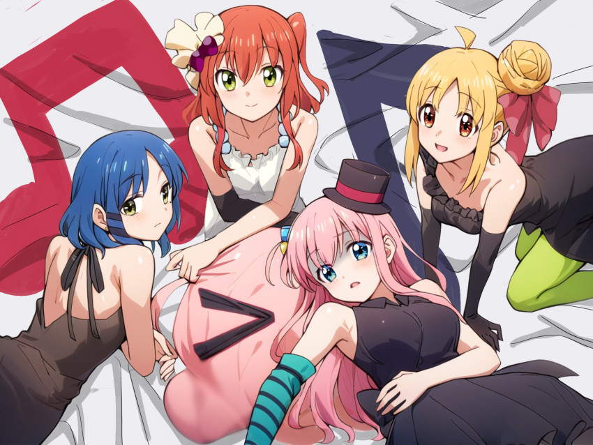 4girls :d ahoge akiyama_mio akiyama_mio_(cosplay) all_fours alternate_costume aqua_gloves black_dress black_gloves black_hat black_ribbon blonde_hair blue_eyes blue_hair blush bocchi_the_rock! bow closed_mouth collarbone collared_dress cosplay cube_hair_ornament don't_say_"lazy" dress gloves gotoh_hitori green_eyes green_thighhighs hair_between_eyes hair_bun hair_ornament hair_ribbon hairbow hairclip hat highres hirasawa_yui hirasawa_yui_(cosplay) ijichi_nijika k-on! kessoku_band kita_ikuyo kotobuki_tsumugi kotobuki_tsumugi_(cosplay) long_hair looking_at_viewer lying mini_hat mini_top_hat mole mole_under_eye multiple_girls on_back on_stomach one_side_up open_mouth parody pink_hair red_bow red_hair ribbon ryuhirohumi short_hair side_ponytail single_glove single_hair_bun sitting sleeveless sleeveless_dress smile striped_clothes striped_gloves tainaka_ritsu tainaka_ritsu_(cosplay) thighhighs tongue top_hat trait_connection white_dress yamada_ryo yellow_eyes