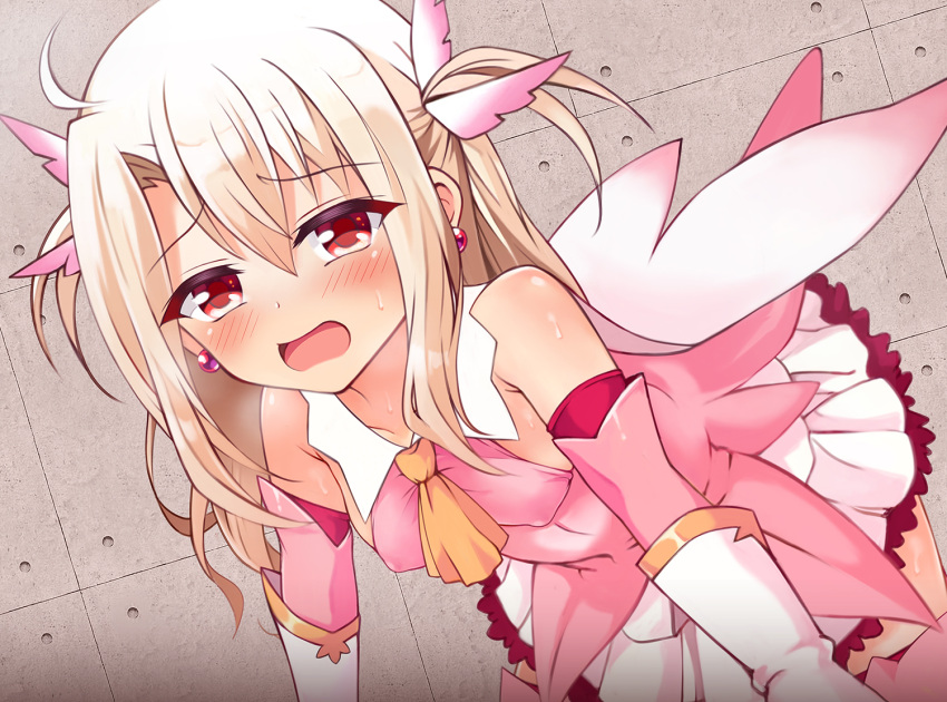 ascot bare_shoulders blush breasts cape dress earrings elbow_gloves fate/kaleid_liner_prisma_illya fate_(series) feather_hair_ornament feathers female gloves hair_ornament illyasviel_von_einzbern jewelry layered_gloves leaning_forward long_hair looking_at_viewer magical_girl mochi_(k620803n) open_mouth pink_dress pink_gloves pink_thighhighs prisma_illya red_eyes sidelocks skirt small_breasts solo thighhighs two_side_up white_cape white_gloves white_hair white_skirt