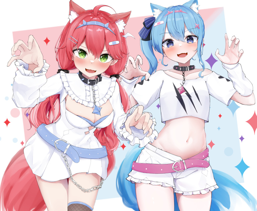 2girls :3 absurdres ahoge animal_ear_fluff animal_ears bandaid bandaid_hair_ornament belt black_collar blue_background blue_belt blue_eyes blue_hair blush breasts claw_pose cleavage_cutout clothing_cutout collar cosplay crop_top cropped_shirt dog_ears dog_girl dog_tail dress fangs frilled_shorts frills fuwawa_abyssgard fuwawa_abyssgard_(1st_costume) fuwawa_abyssgard_(cosplay) green_eyes hair_ornament hairclip hands_up highres hololive hoshimachi_suisei large_breasts long_hair long_sleeves looking_at_viewer low_twintails medium_hair miixxc mococo_abyssgard mococo_abyssgard_(1st_costume) mococo_abyssgard_(cosplay) multiple_girls navel open_mouth pink_background pink_belt pink_hair sakura_miko shirt short_dress shorts side_ponytail single_fishnet_legwear skin_fangs smile stomach tail twintails two-tone_background virtual_youtuber white_arm_warmers white_dress white_shirt white_shorts x_hair_ornament