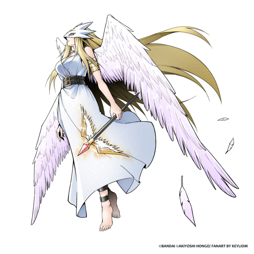 alternate_form bare_shoulders barefoot blonde_hair breasts cleavage digimon digimon_(creature) digimon_xros_wars dress eye_mask feathered_wings feathers female full_body green_eyes highres holding holding_wand keyliom large_breasts long_hair simple_background solo third_eye wand white_background white_dress white_feathers white_wings wings