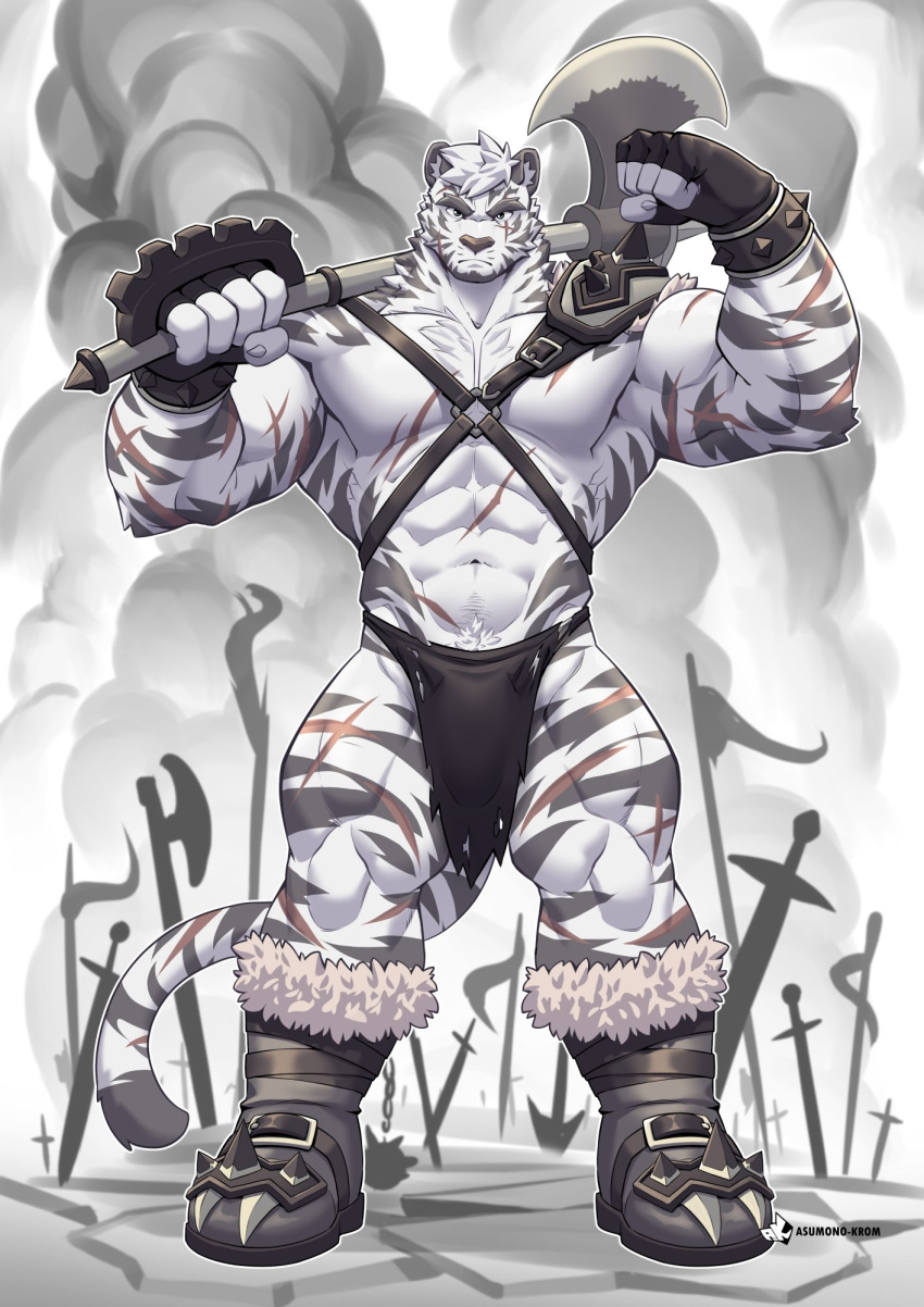 1boy abs angry animal_ears arknights artist_logo artist_name asumono_krom axe bara black_gloves black_loincloth bracelet brass_knuckles bulge chest_harness claws clenched_hands closed_mouth cross_scar english_commentary fingerless_gloves flexing furry furry_male gloves harness highres holding holding_axe jewelry logo loincloth looking_at_viewer male_focus mountain_(arknights) multiple_scars muscular muscular_male navel over_shoulder pectorals planted scar scar_across_eye scar_on_arm scar_on_cheek scar_on_chest scar_on_face scar_on_leg scar_on_stomach scar_on_tail shoulder_spikes spiked_bracelet spiked_footwear spikes sword tail tiger_boy tiger_ears tiger_stripes tiger_tail topless_male torn_flag weapon weapon_over_shoulder