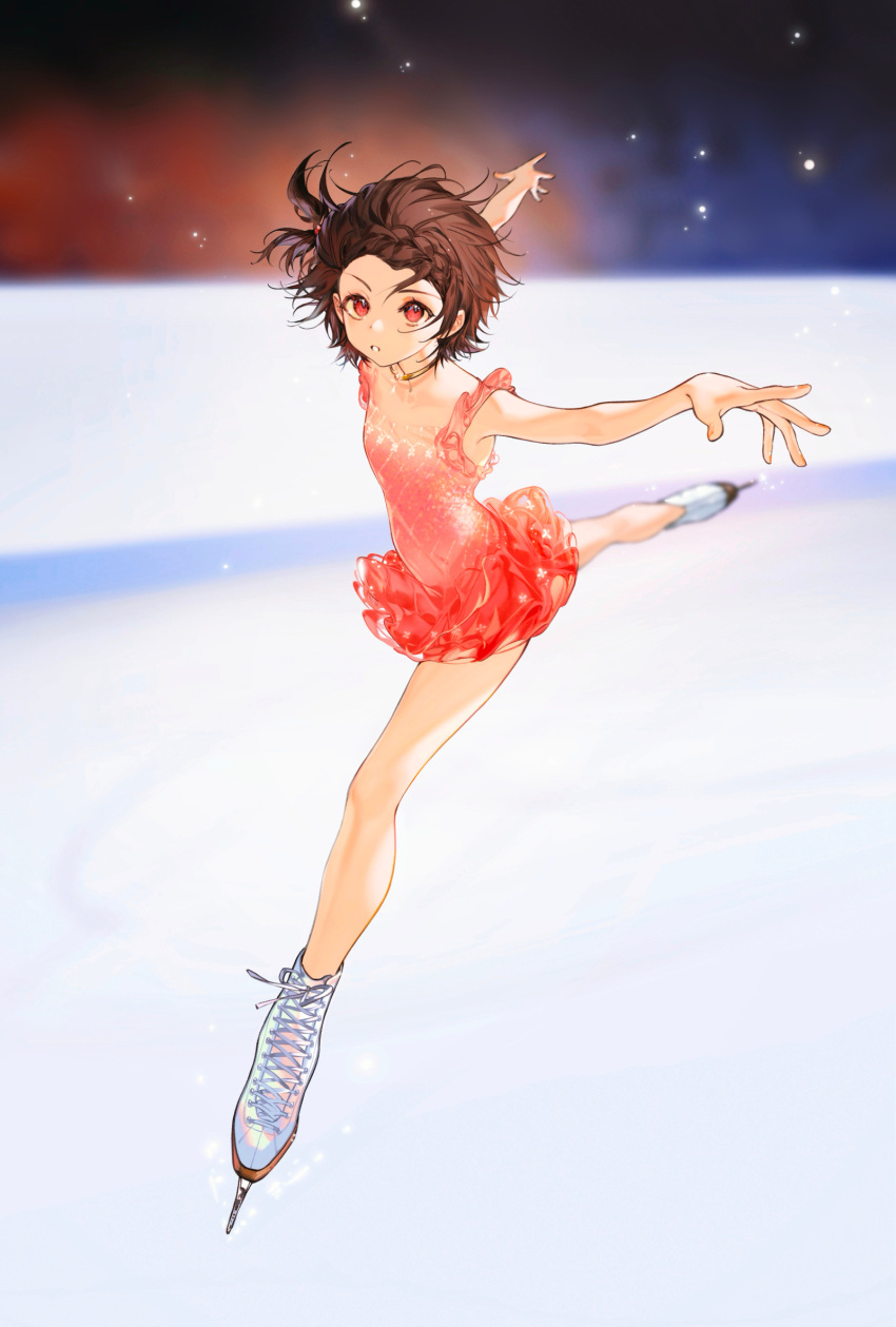 :o arlizi bare_arms bare_legs blurry blurry_background braid brown_hair commentary cross-laced_footwear crown_braid depth_of_field dress female figure_skating figure_skating_dress foreshortening full_body gold_necklace hair_bobbles hair_ornament highres ice_skates ice_skating jewelry leg_up light_particles looking_at_viewer medalist_(manga) necklace one_side_up open_mouth outstretched_arms pink_dress red_eyes short_dress short_hair skates skating skating_rink sleeveless sleeveless_dress solo standing standing_on_one_leg white_footwear yuitsuka_inori