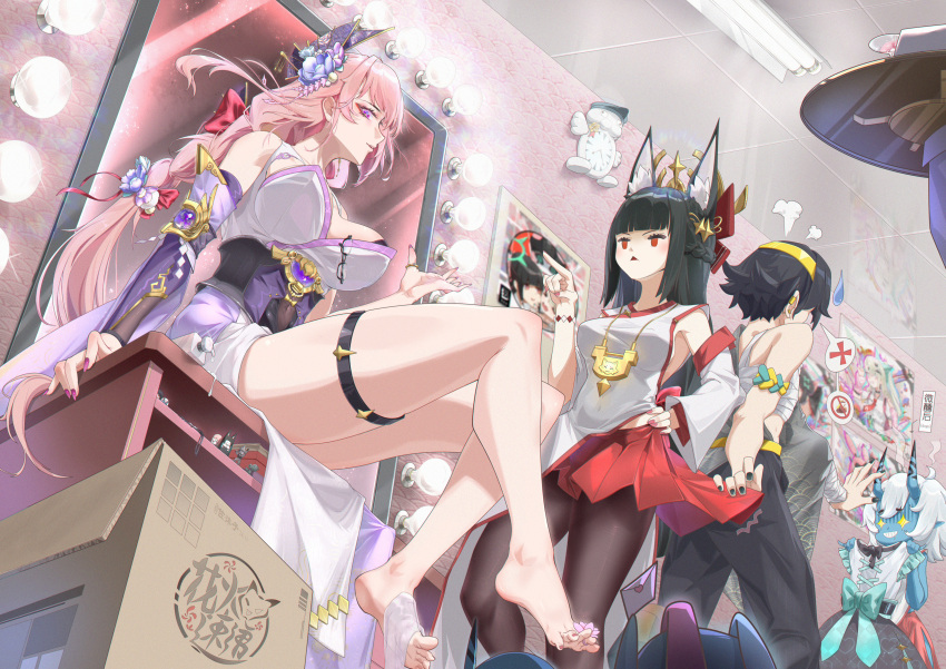 1boy 3girls absurdres alternate_costume animal_ear_fluff animal_ears asaba_harumasa barefoot black_hair black_pantyhose blue_skin blunt_bangs breasts ceiling chinese_commentary cleavage colored_skin cosplay detached_sleeves feet fingernails fox_ears fox_girl genshin_impact headband highres horns hoshimi_miyabi indoors large_breasts long_hair looking_at_another mirror multiple_girls nail_polish open_mouth pantyhose parted_lips pink_hair purple_eyes raiden_shogun raiden_shogun_(cosplay) red_eyes second-party_source short_hair sidelocks sitting smile soukaku_(zenless_zone_zero) standing toes tsukishiro_yanagi yae_miko yae_miko_(cosplay) yellow_headband yoimiya_(genshin_impact) yoimiya_(genshin_impact)_(cosplay) zenless_zone_zero zuomuzi_cheche