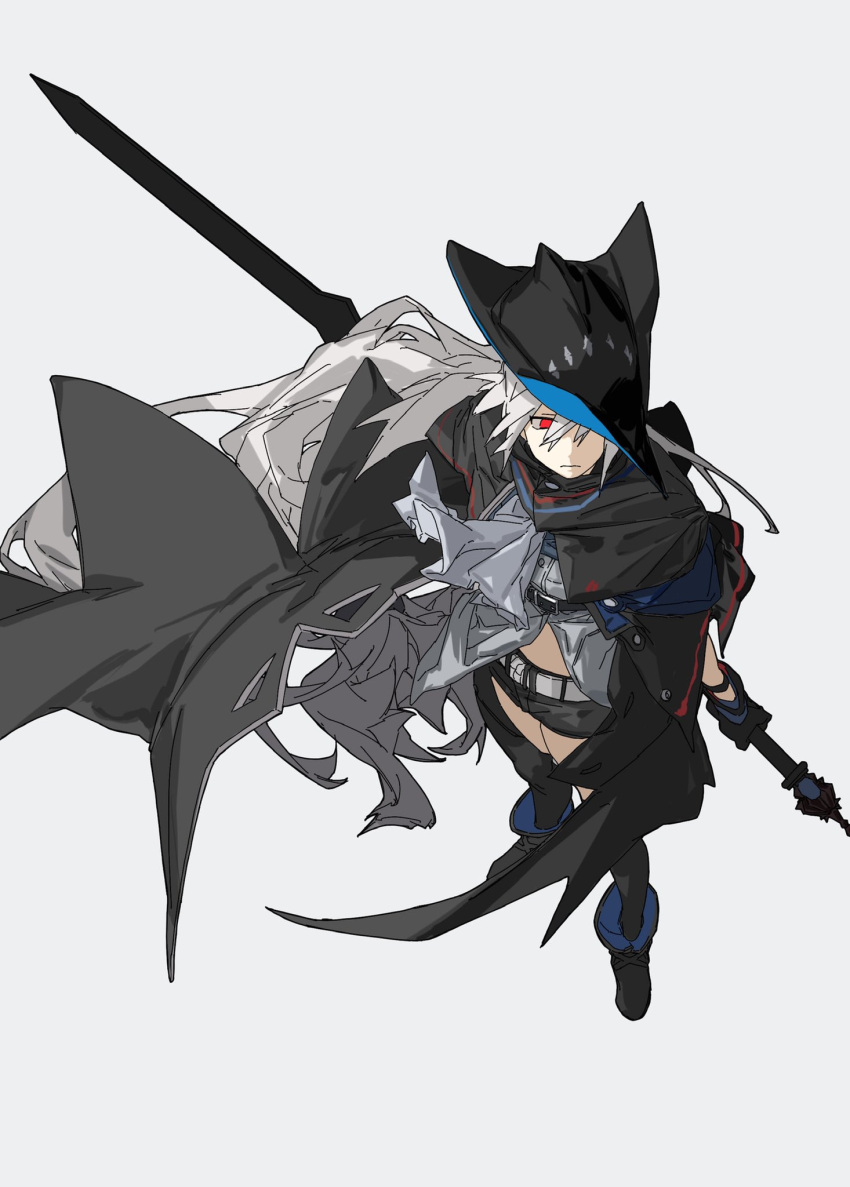 amatuki aqua_hat arknights ascot belt_buckle black_gloves boots buckle cloak clothing_cutout female from_above gloves grey_ascot hat highres holding holding_sword holding_weapon long_hair navel_cutout pointy_hat red_eyes simple_background skadi_(arknights) solo standing sword thigh_cutout weapon white_hair