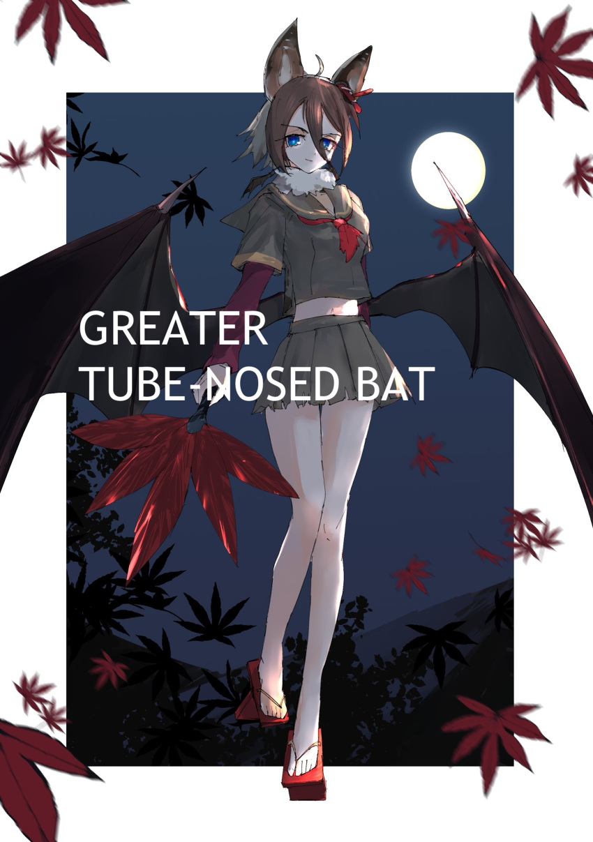 animal_ears bat_ears bat_girl bat_wings blue_eyes brown_hair female full_body full_moon fur_collar geta green_shirt green_skirt hair_between_eyes highres hilgendorf's_tube-nose_bat_(kemono_friends) kemono_friends leaf long_sleeves maple_leaf midriff moon multicolored_hair navel neckerchief night night_sky pleated_skirt purple_sleeves red_footwear red_neckerchief sailor_collar sandals school_uniform serafuku shirt short_hair sidelocks skirt sky solo tengu-geta torn_clothes torn_skirt two-tone_hair white_fur white_hair wings yappa_muri