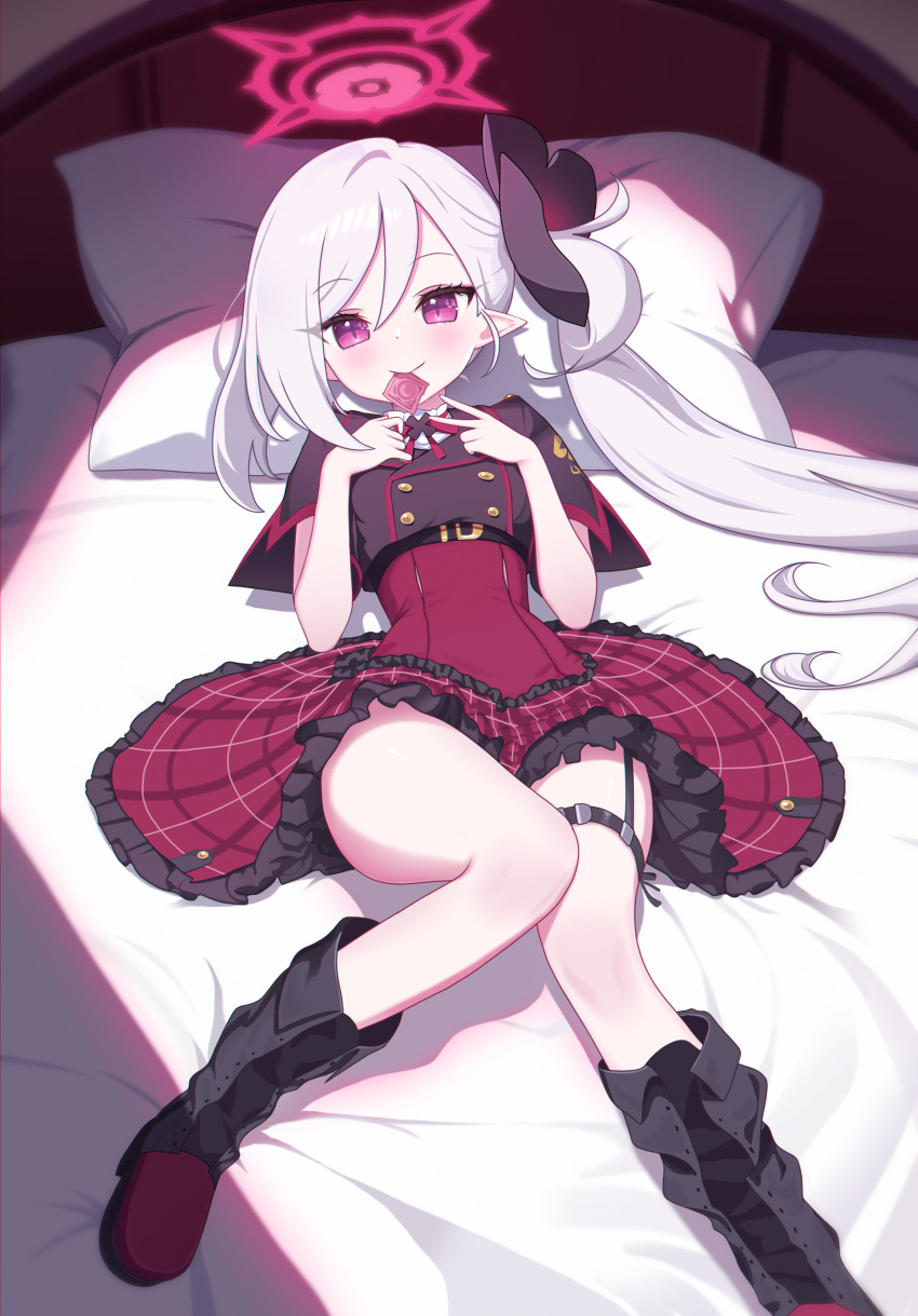 absurdres bed blue_archive blush boots condom condom_in_mouth female full_body halo high-waist_skirt highres long_hair looking_at_viewer lying mouth_hold mutsuki_(blue_archive) on_back on_bed purple_eyes red_skirt side_ponytail skirt smile solo white_hair zenith_(kvcr2325)