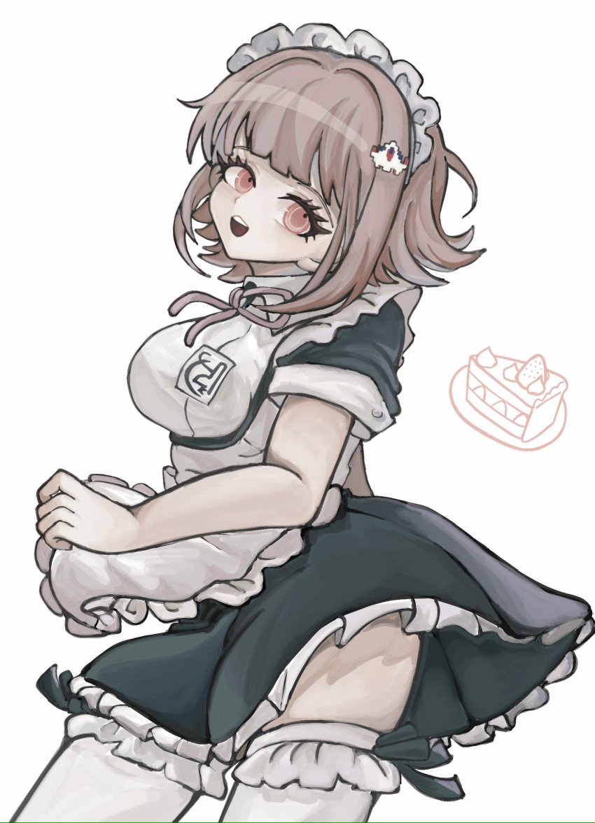 :d apron black_dress black_ribbon cowboy_shot danganronpa_(series) danganronpa_2:_goodbye_despair dress female frilled_apron frilled_dress frills from_side grey_apron grey_thighhighs highres maid_headdress medium_hair nanami_chiaki neck_ribbon official_alternate_costume pink_eyes pink_ribbon ribbon saku_(saksak393q) short_sleeves simple_background smile spaceship_hair_ornament teeth thighhighs upper_teeth_only white_background