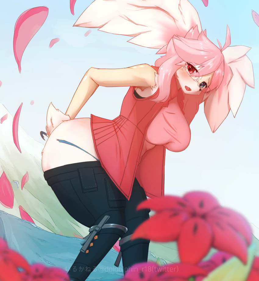 animal_ears ass_expansion black_pants blue_eyes blue_panties blurry blurry_foreground blush breasts brown_eyes female flower furrification furry furry_female glasses gracidea heterochromia highres holding holding_flower iruka_neru leaning_forward long_hair looking_at_viewer medium_breasts open_mouth original panties pants petals pink_hair pink_shirt pokemon red_vest shaymin shaymin_(sky) shirt sleeveless sleeveless_shirt solo tail transformation twitter_username underwear vest