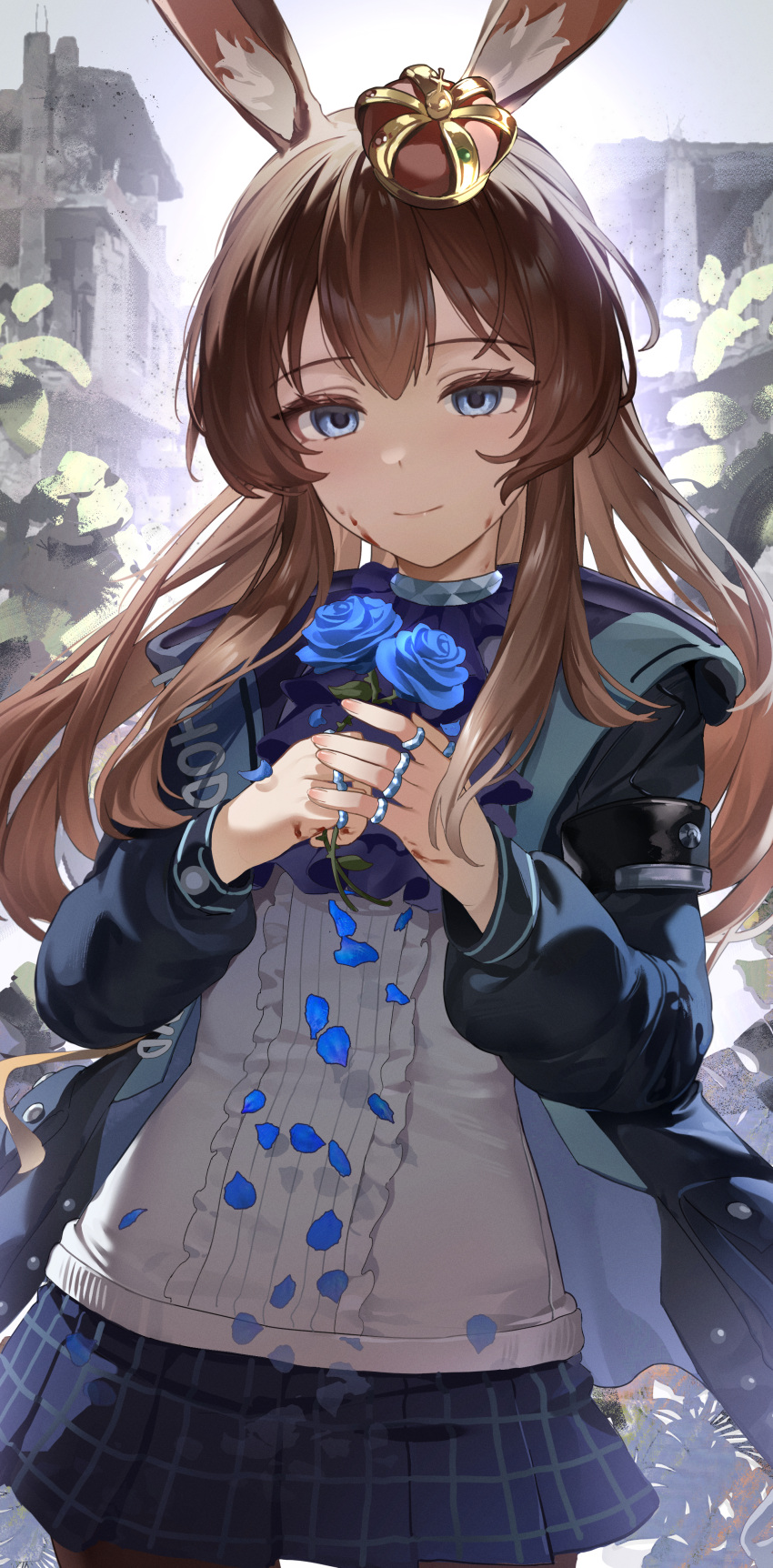 absurdres amiya_(arknights) animal_ears arknights black_jacket blood blood_on_face blood_on_hands blue_eyes blue_flower blue_rose brown_hair center_frills chinese_commentary closed_mouth clothes_writing collar commentary_request cowboy_shot crown female flower frills grey_collar highres holding holding_flower jacket jewelry long_hair long_sleeves looking_at_viewer miniskirt oeuia open_clothes open_jacket petals plaid_clothes plaid_skirt pleated_skirt purple_skirt ring rose rose_petals skirt smile solo standing sweater white_sweater