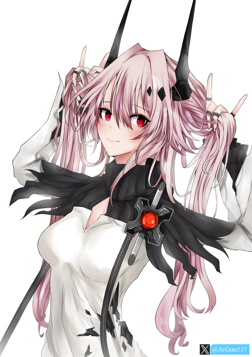 \n/ absurdres ar_gun arknights black_horns blush breast_cutout breasts bunching_hair demon_horns dress english_commentary female hair_between_eyes hair_intakes highres horns jewelry long_hair long_sleeves looking_at_viewer material_growth medium_breasts multiple_rings no_nose oripathy_lesion_(arknights) pink_hair red_eyes ring simple_background solo theresa_(arknights) twintails twitter_username twitter_x_logo upper_body white_background white_dress