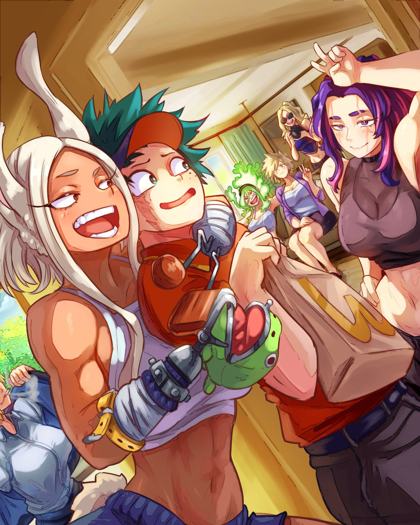 1boy 6girls amputee blonde_hair boku_no_hero_academia burn_scar burnin_(my_hero_academia) camera crop_top dark-skinned_female delivery_boy food_delivery gangbang gangrape green_hair harem implied_gangbang inminent_rape inminent_sex izuku_midoriya kaina_tsutsumi lady_nagant milf miruko mitsuki_bakugou moe_kamiji mount_lady muscular_female my_hero_academia older_female prosthetic purple_hair rumi_usagiyama ryuukyuu scars smoking tank_top tatsuma_ryuuko vlizz white_hair younger_male yuu_takeyama