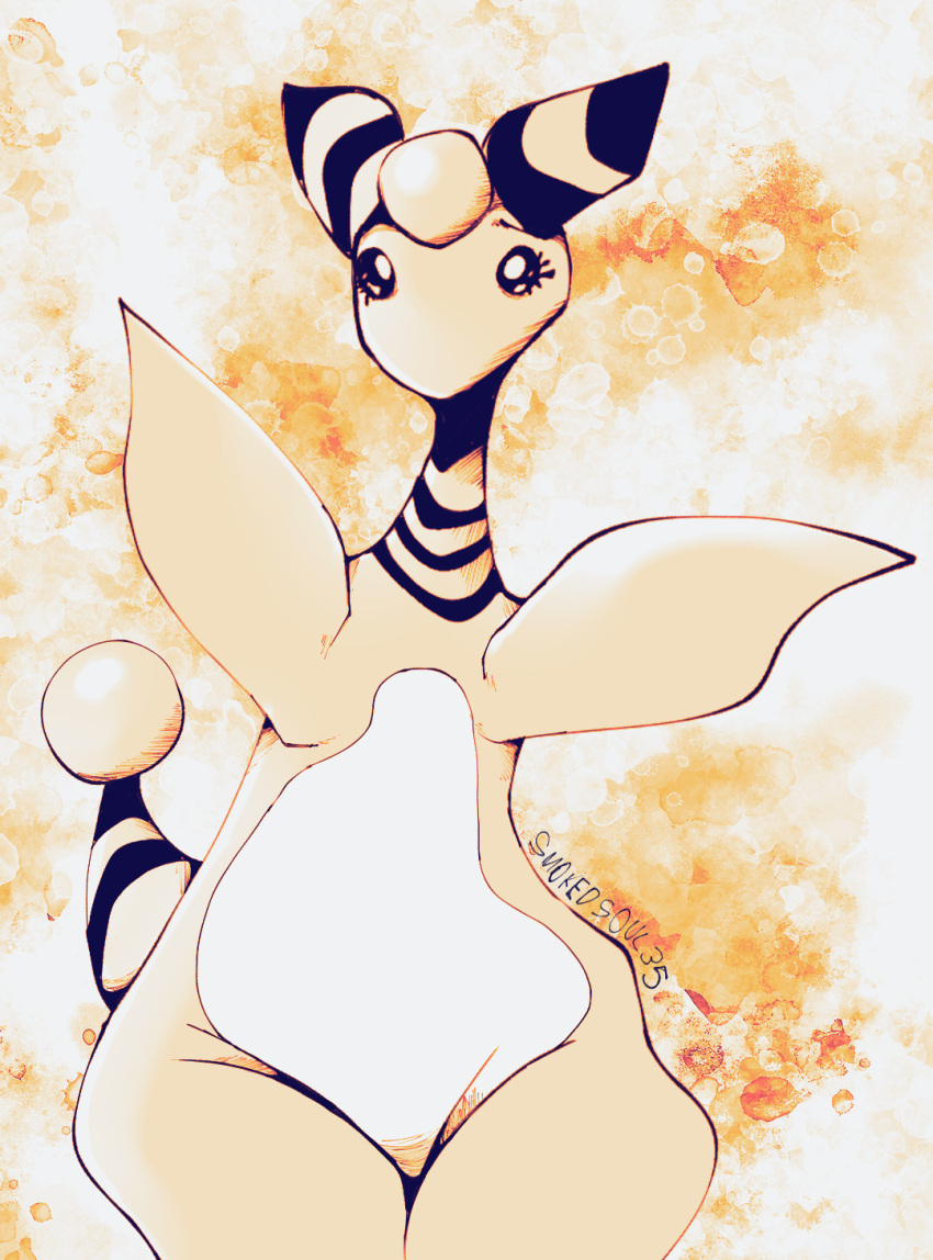 ampharos anthro female generation_2_pokemon hi_res looking_at_viewer nintendo nude pokemon pokemon_(species) pose simple_background smokedsoul35 solo standing text thick_thighs wide_hips yellow_body