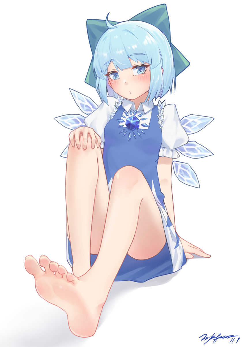 absurdres ahoge arm_support bare_legs barefoot blue_bow blue_dress blue_eyes blue_hair blunt_bangs blush bow breasts cirno commentary_request convenient_leg dress feet female foot_focus hairbow hand_on_knees highres ice ice_wings knee_blush knees_up littiecy looking_at_viewer puffy_short_sleeves puffy_sleeves short_hair short_sleeves signature simple_background sitting small_breasts soles solo toenails toes touhou white_background wing_collar wings