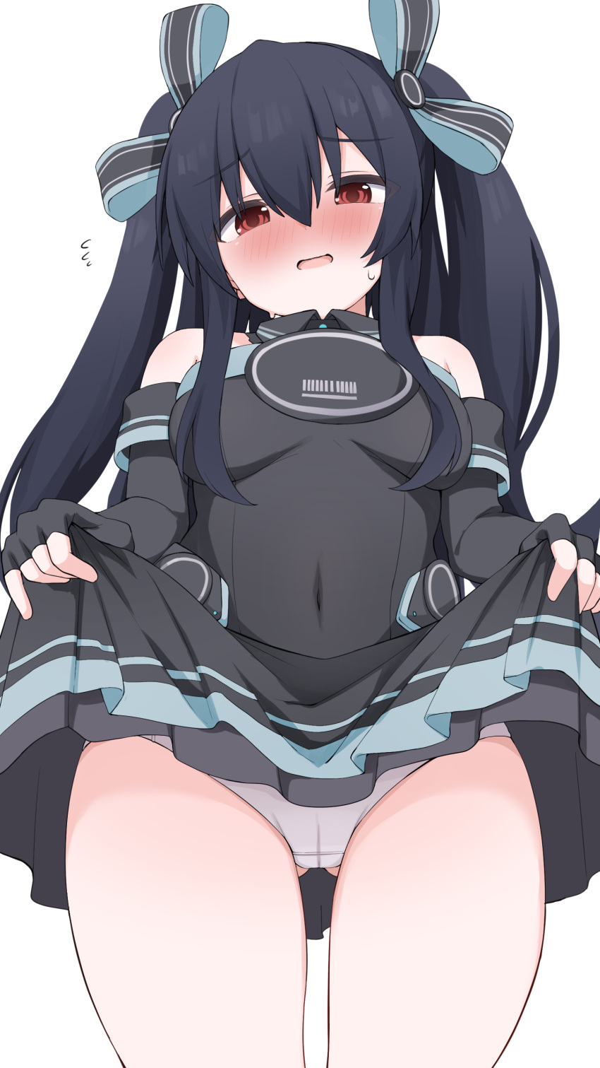 absurdres alternate_breast_size bare_shoulders black_gloves black_hair blush breasts clothes_lift covered_navel dress dress_lift elbow_gloves embarrassed female from_below gloves hair_between_eyes hair_ribbon hands_up highres hip_focus lifting_own_clothes long_hair looking_at_viewer looking_down medium_breasts neptune_(series) nicomi-chan open_mouth panties presenting red_eyes ribbon skin_tight sleeveless sleeveless_dress solo striped_ribbon thighs two_side_up underwear uni_(neptunia) very_long_hair white_panties