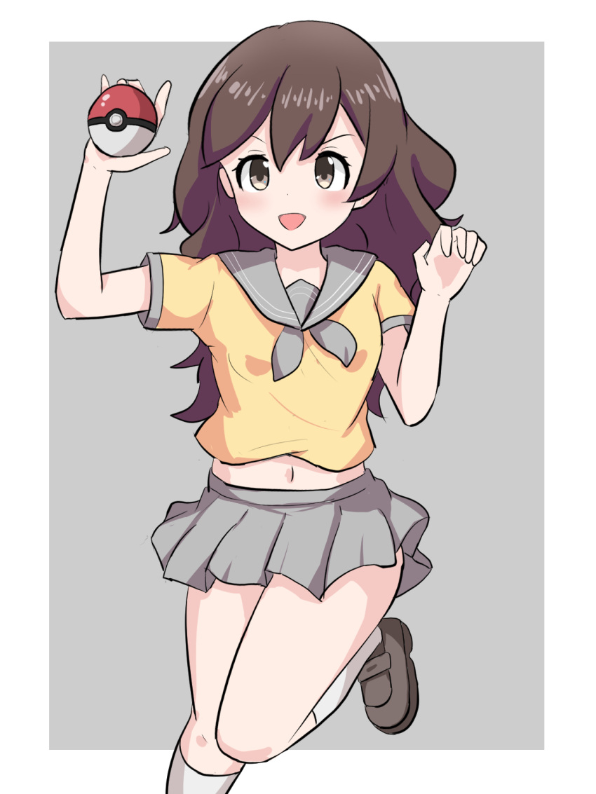 :d ame_mugitya border brown_hair eyelashes female grey_background grey_sailor_collar grey_skirt hands_up happy highres holding holding_poke_ball lass_(pokemon) leg_up long_hair navel open_mouth pleated_skirt poke_ball poke_ball_(basic) pokemon pokemon_bw sailor_collar shirt shoes skirt smile socks solo white_border yellow_shirt