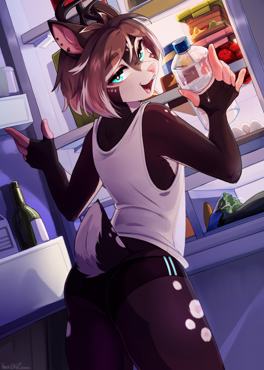 absurd_res anthro antlers appliance ass blue_eyes bottle bottomwear brown_body brown_fur brown_hair clothed clothing container deer detailed_background egg_(food) femboy food fridge fruit fully_clothed fur hair hakkids2 hi_res horn hotpants kitchen_appliance male mammal open_fridge plant sandwich_(food) scut_tail shirt short_tail shorts solo strawberry tail tank_top topwear water water_bottle