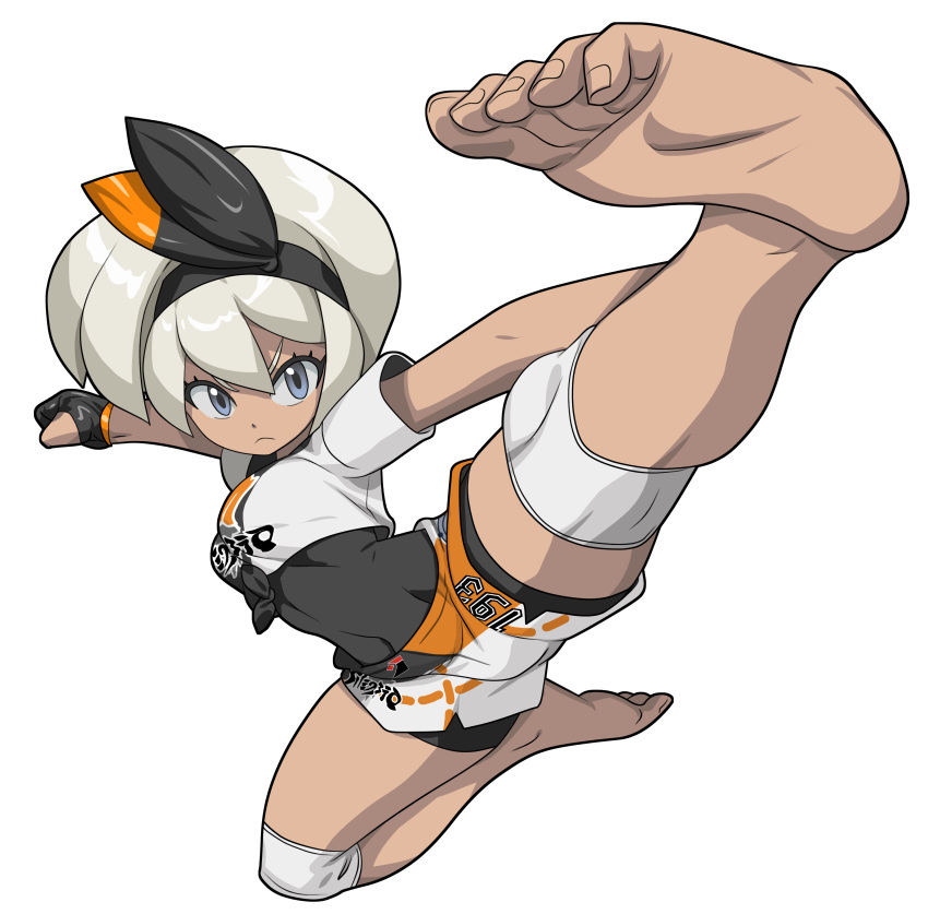 absurdres barefoot bea_(pokemon) blonde_hair blue_eyes bodysuit bodysuit_under_clothes bow_hairband clenched_hand closed_mouth commentary_request covered_navel eyelashes feet female flying_kick full_body gloves hairband highres kicking knee_pads oggy_(oggyoggy) partially_fingerless_gloves pokemon pokemon_swsh print_shorts shirt short_hair short_sleeves shorts soles solo split tied_shirt toes transparent_background white_shirt white_shorts