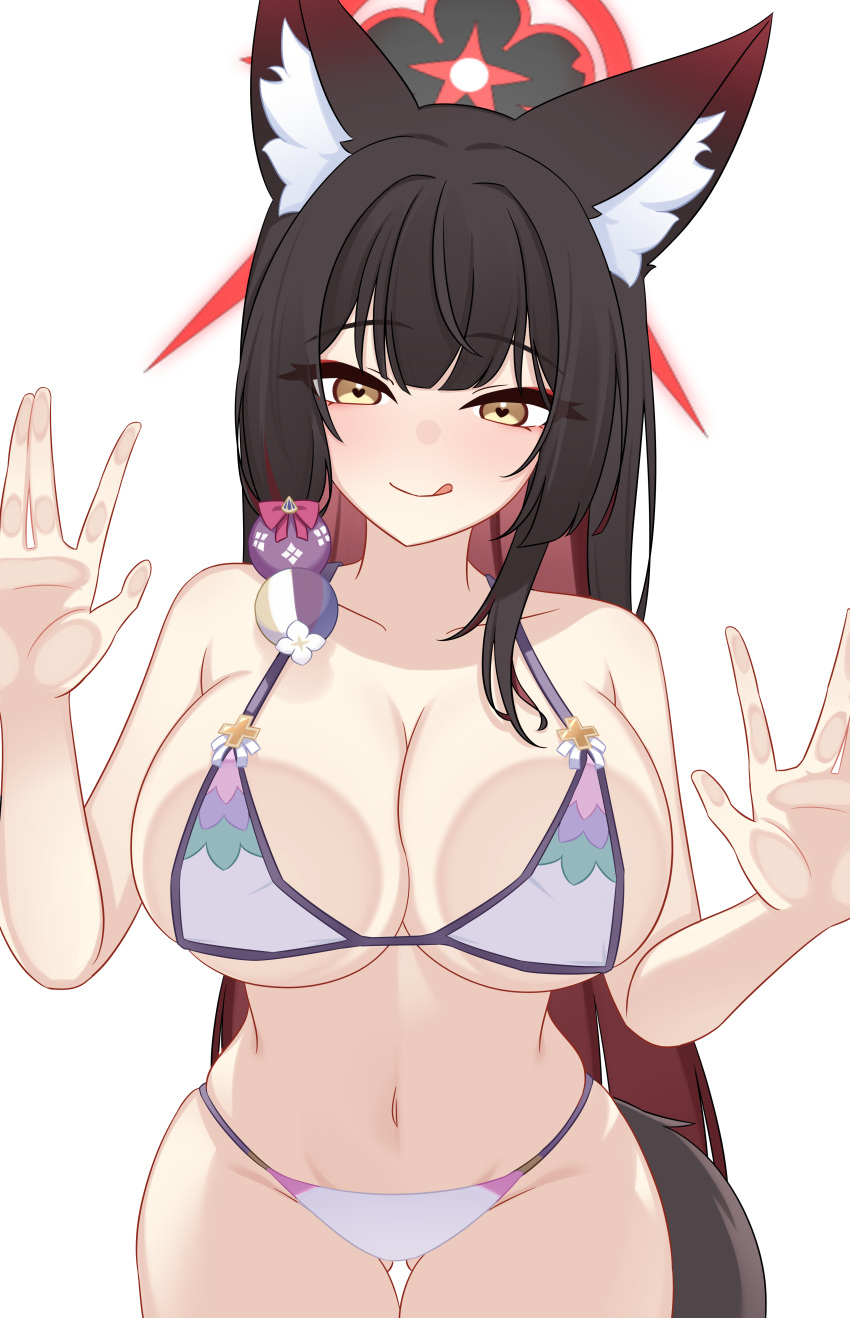 :q absurdres against_glass animal_ears bikini black_hair black_halo blue_archive blush breast_press breasts brown_hair cleavage eyeshadow female flower fox_ears fox_girl fox_tail hair_flower hair_ornament halo hand_on_glass hands_up heart heart-shaped_pupils highres hip_focus large_breasts leaning_forward long_hair makeup mature_female multicolored_hair navel red_eyeshadow red_hair red_halo seductive_smile siranui_desu smile solo standing stomach swimsuit symbol-shaped_pupils tail thigh_gap thighs tongue tongue_out two-tone_hair very_long_hair wakamo_(blue_archive) wakamo_(swimsuit)_(blue_archive) yellow_eyes