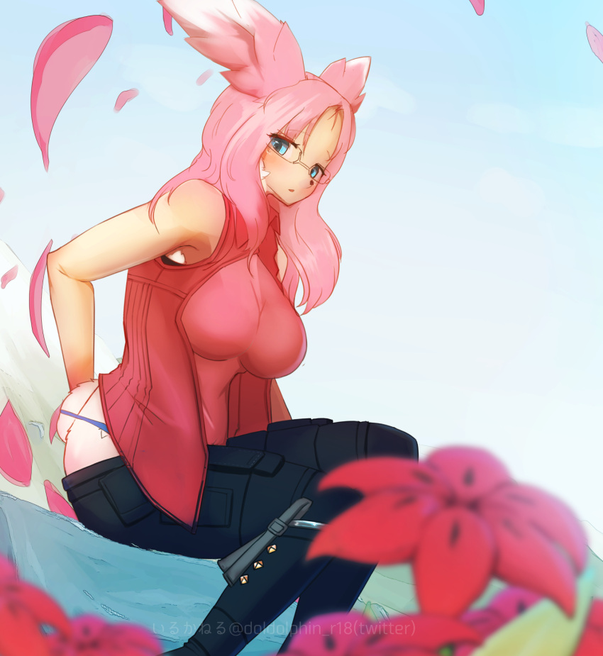 animal_ears animal_nose black_pants blue_eyes blue_panties blurry blurry_foreground blush breasts female flower furrification furry furry_female glasses gracidea hand_on_own_back highres holding holding_flower iruka_neru long_hair looking_at_viewer medium_breasts nervous original panties pants petals pink_hair pink_shirt pokemon red_vest shaymin shaymin_(sky) shirt sleeveless sleeveless_shirt smile solo tail transformation twitter_username underwear vest