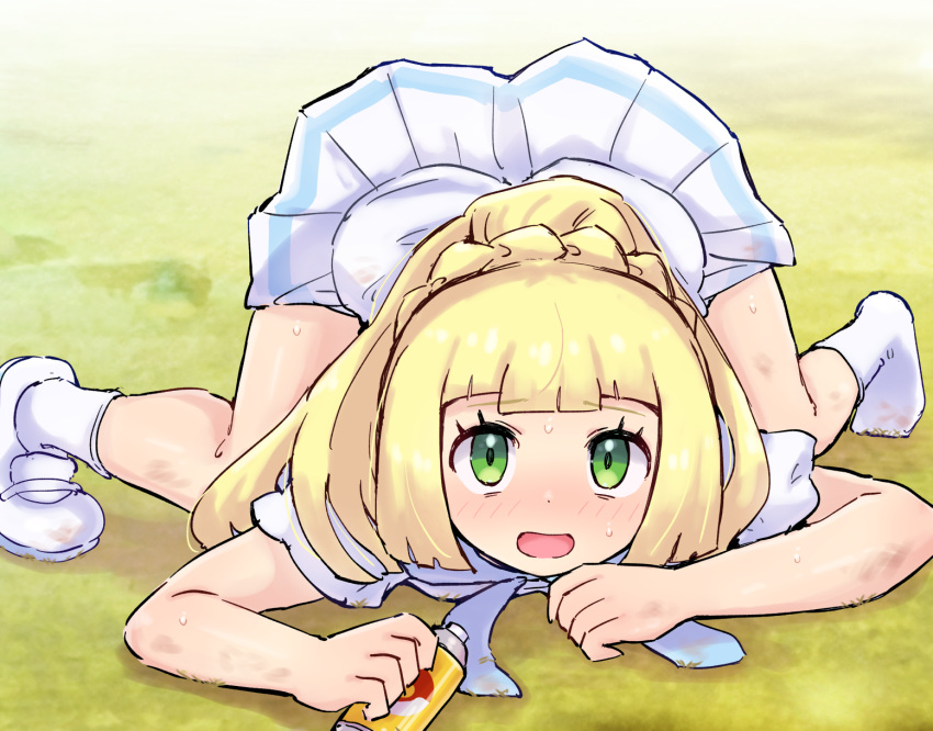 blonde_hair blunt_bangs blush bottle braid commentary_request eyelashes female green_eyes highres holding holding_bottle kutabireta_neko lillie_(pokemon) long_hair looking_at_viewer open_mouth pleated_skirt pokemon pokemon_sm ponytail repel shirt shoes short_sleeves skirt socks solo sweat tassel textless_version top-down_bottom-up white_footwear white_shirt white_skirt white_socks