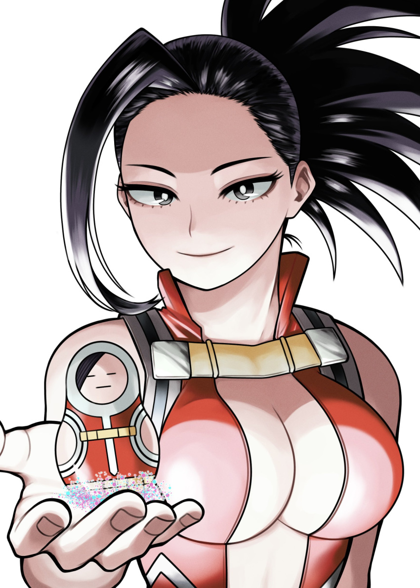 absurdres black_eyes black_hair bodysuit boku_no_hero_academia breasts bright_pupils cleavage commentary doll eyelashes female fingernails highres hiro_illust11 holding holding_doll horikoshi_kouhei_(style) leotard looking_at_viewer matryoshka_doll official_style ponytail red_bodysuit red_leotard smile white_pupils yaoyorozu_momo