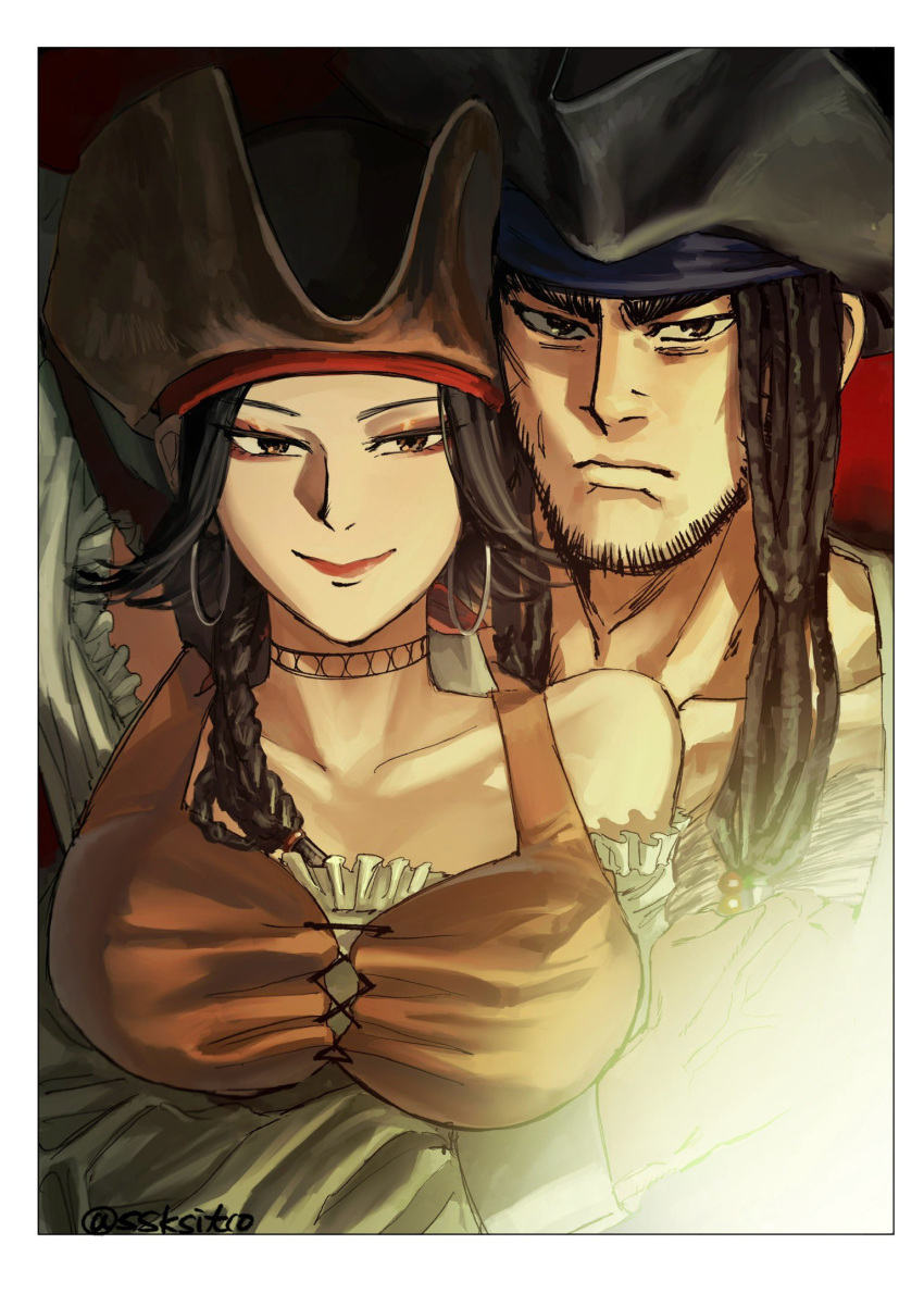 1boy beard black_hair braid choker closed_mouth couple earrings facial_hair female golden_kamuy hat highres hoop_earrings inkarmat jewelry looking_at_viewer pirate_hat red_background smile ssksit10 tanigaki_genjirou twitter_username upper_body