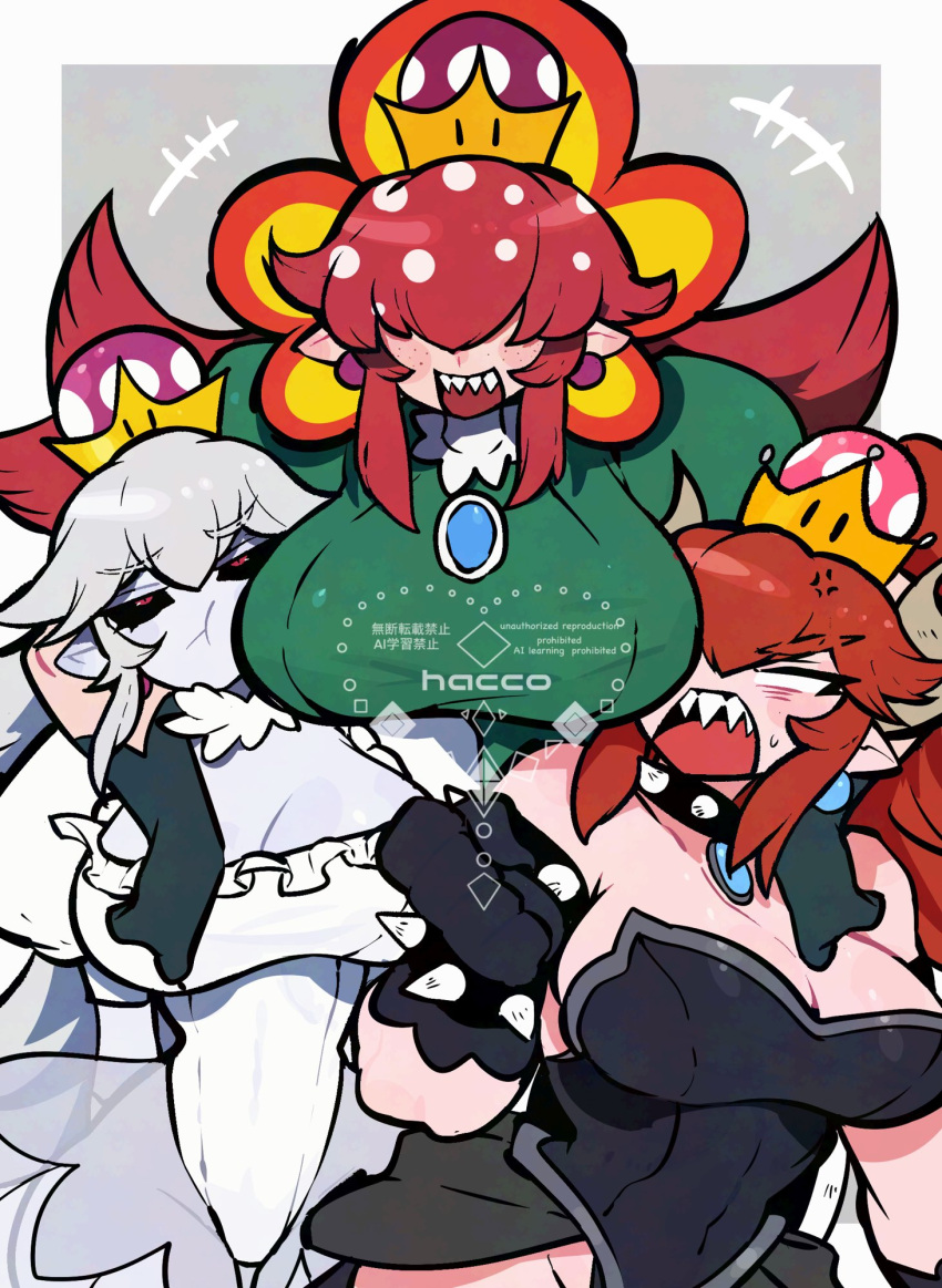 +++ 3girls anger_vein annoyed armlet bare_shoulders black_gloves black_leotard black_sclera blank_eyes blue_gemstone bowsette bracelet breasts brooch cleavage collar colored_sclera colored_skin dress earrings face_to_breasts frown gem gloves green_dress hacco_mayu hair_over_eyes high_heels highres horns huge_breasts jewelry leg_up leotard long_hair long_sidelocks mario_(series) multiple_girls open_mouth polka_dot_hair princess_king_boo puffy_short_sleeves puffy_sleeves red_eyes red_footwear red_hair scoop_neck sharp_teeth short_sleeves showgirl_skirt sidelocks size_difference smile sphere_earrings spiked_armlet spiked_bracelet spiked_collar spikes strapless strapless_leotard super_crown teeth tongue tongue_out unamused v-shaped_eyebrows very_long_hair white_hair white_leotard white_skin