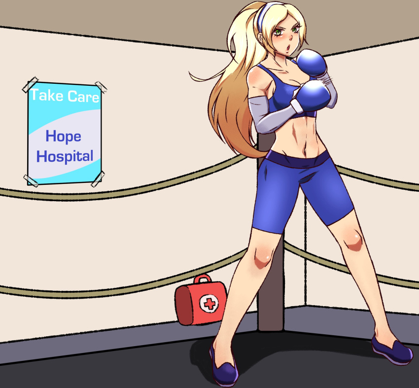 arm_warmers blonde_hair blue_bra blue_footwear boxing boxing_gloves boxing_ring bra chou_shittou_caduceus english_text female first_aid_kit grey_eyes highres ponytail poster_(object) tonegawa_anju underwear vaicupcakes