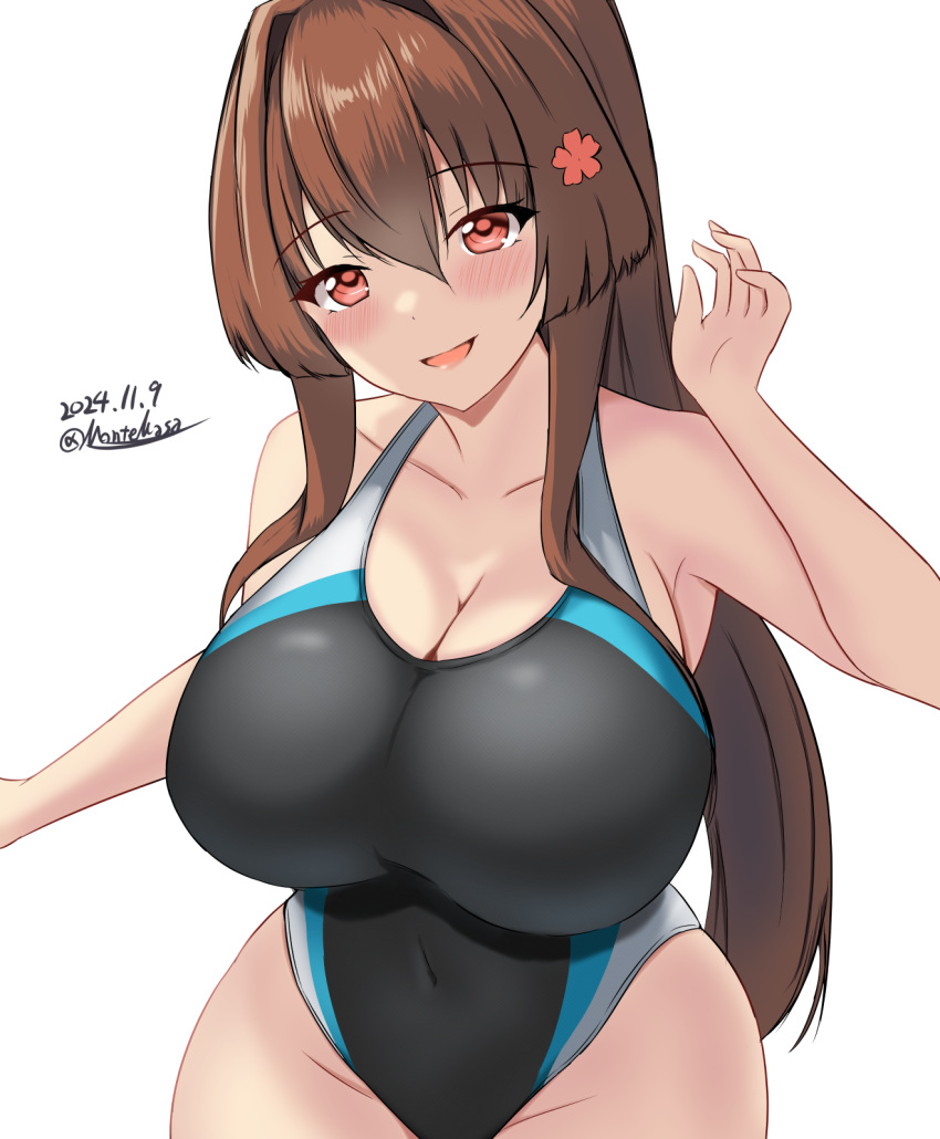 black_one-piece_swimsuit breasts brown_hair commentary_request competition_swimsuit covered_navel dated female flower hair_ornament highres impossible_clothes impossible_swimsuit kantai_collection large_breasts long_hair montemasa multicolored_clothes multicolored_swimsuit one-piece_swimsuit open_mouth ponytail smile swimsuit twitter_username two-tone_swimsuit yamato_(kancolle)