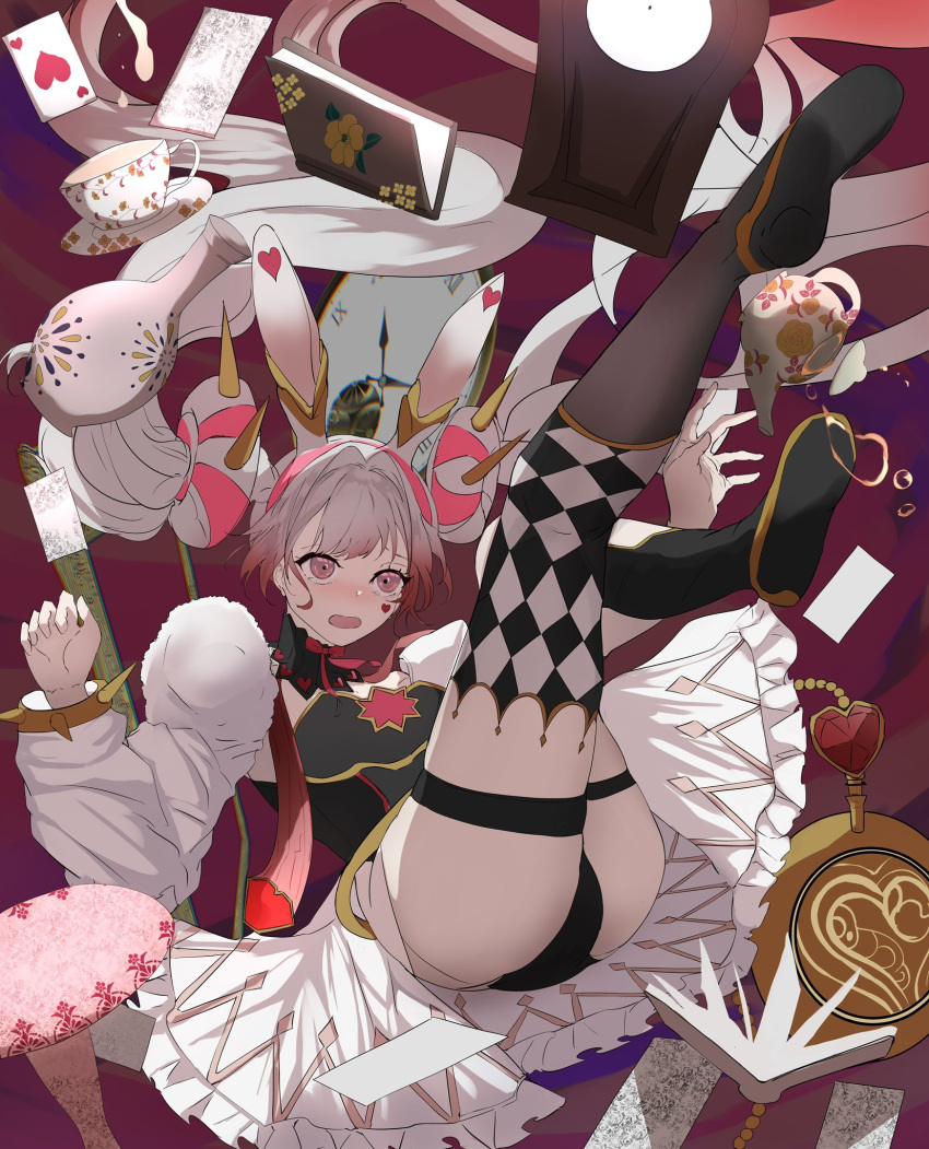 animal_ears argyle_clothes argyle_thighhighs ass asymmetrical_sleeves blush book boots bracelet breasts card cup double_bun doughnut_hair_bun duel_monster embarrassed error_message facial_mark falling feet feet_up female floating floating_book floating_object full_body grey_hair hair_bun heart heart_card heart_facial_mark highres jewelry leotard long_hair malice<p>white_rabbit midair multicolored_hair opening_book pink_eyes playing_card pocket_watch rabbit_ears rabbit_girl showgirl_skirt skirt solo spiked_bracelet spikes teacup teapot thigh_boots twintails uneven_sleeves uragawai watch white_skirt white_sleeves yu-gi-oh!