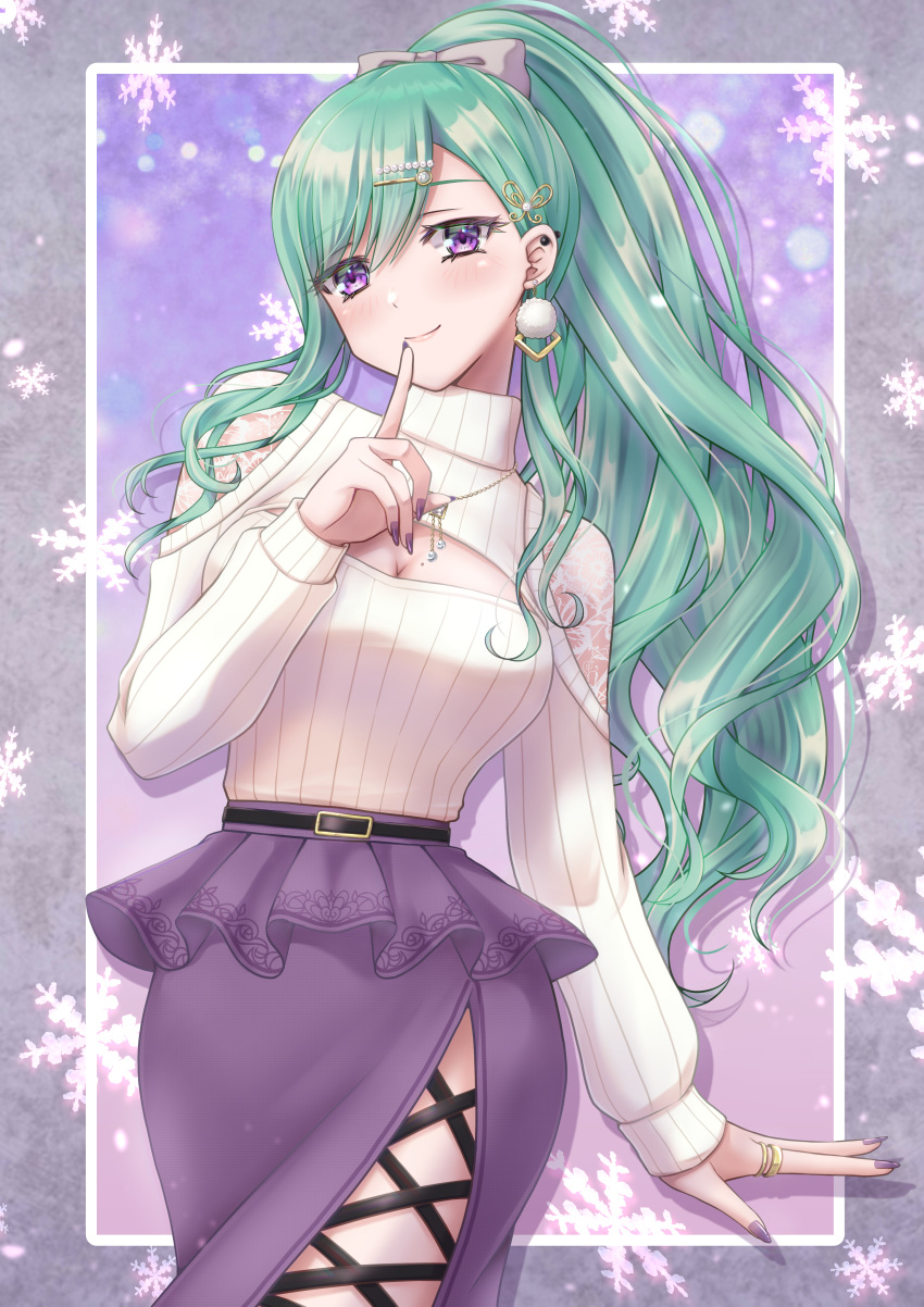 absurdres allymidorikawa belted_skirt bow cleavage_cutout clothing_cutout commentary cross-laced_slit ear_piercing earrings female finger_to_mouth green_hair hair_between_eyes hair_ornament hairbow hairpin highres ice_crystal jewelry light_blush long_hair long_sleeves looking_at_viewer meme_attire miniskirt nail_polish necklace open-chest_sweater piercing pom_pom_(clothes) pom_pom_earrings ponytail purple_eyes purple_nails purple_skirt ribbed_sweater ring skirt smile solo standing sweater turtleneck turtleneck_sweater virtual_youtuber vspo! white_bow white_sweater yakumo_beni yakumo_beni_(3rd_costume)