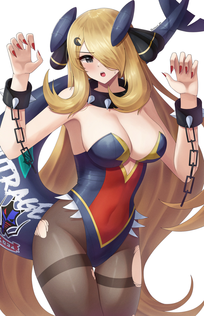 bare_shoulders black_eyes black_pantyhose blonde_hair breasts chains claw_pose cosplay cowboy_shot cynthia_(pokemon) doiparuni female garchomp garchomp_(cosplay) hair_over_one_eye highres large_breasts leotard long_hair pantyhose pokemon pokemon_dppt red_nails simple_background solo torn_clothes torn_pantyhose very_long_hair white_background