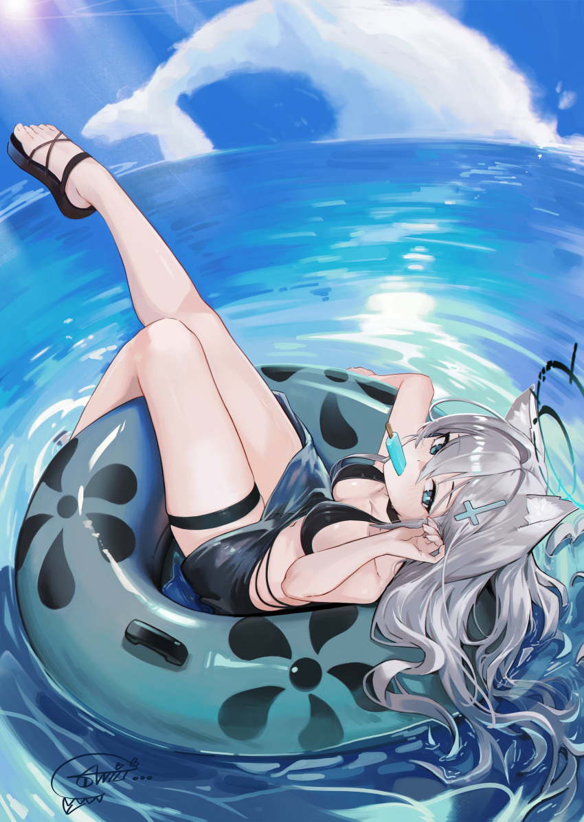 absurdres animal_ears anizi black_footwear blue_archive blue_eyes breasts broken_halo feet female grey_hair halo heterochromia highres ice_cream_bar knees_together_feet_apart large_breasts legs long_hair sandals shiroko_(blue_archive) shiroko_terror_(blue_archive) solo swimsuit thighs toenails toes tube wolf_ears