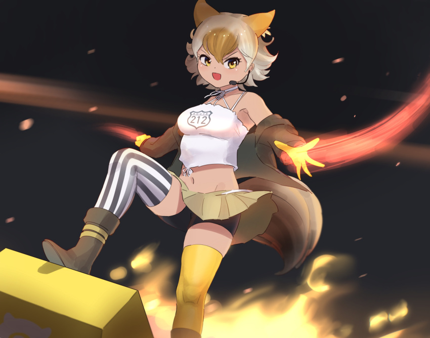 absurdres animal_ears bare_shoulders beleven blonde_hair boots camisole coyote_(kemono_friends) extra_ears female gloves highres jacket kemono_friends kemono_friends_v_project looking_at_viewer microphone navel short_hair shorts simple_background skirt solo tail thighhighs virtual_youtuber wolf_ears wolf_girl wolf_tail yellow_eyes