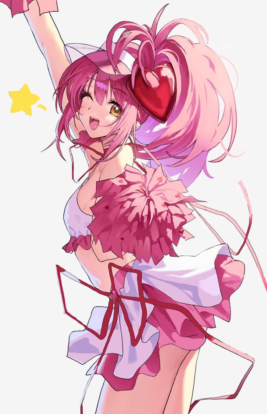 ;d absurdres arm_strap arm_up blush breasts cheerleader cowboy_shot crop_top female from_side hair_ornament heart heart_hair_ornament highres hinamori_amu layered_skirt leaning_forward long_hair looking_at_viewer looking_to_the_side migu_(iws2525) one_eye_closed open_mouth pink_skirt pom_pom_(cheerleading) ponytail shugo_chara! simple_background skirt sleeveless small_breasts smile solo star_(symbol) strap_gap transparent_headwear two-tone_skirt visor_cap white_background white_skirt yellow_eyes