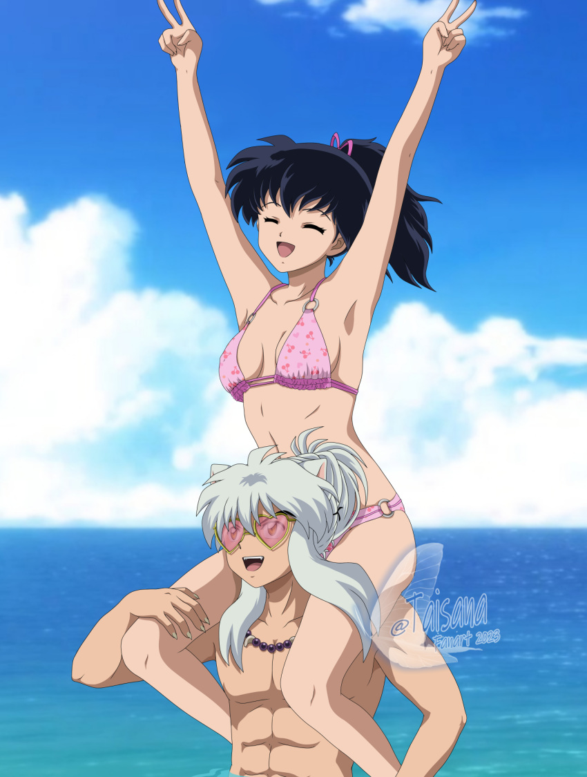 1boy :d ^_^ animal_ears armpits arms_up bare_arms bare_legs bead_necklace beads bikini black_hair blue_sky breasts cat_ears cherry_print cleavage closed_eyes cloud day double_v english_commentary female food_print hair_ribbon hand_on_another's_leg heart heart-shaped_eyewear highres higurashi_kagome inuyasha inuyasha_(character) jewelry long_hair medium_breasts necklace o-ring o-ring_bikini ocean outdoors pink-tinted_eyewear pink_bikini pink_ribbon ponytail print_bikini ribbon sideboob sky smile sunglasses swimsuit taisana tinted_eyewear v white_hair yellow-framed_eyewear