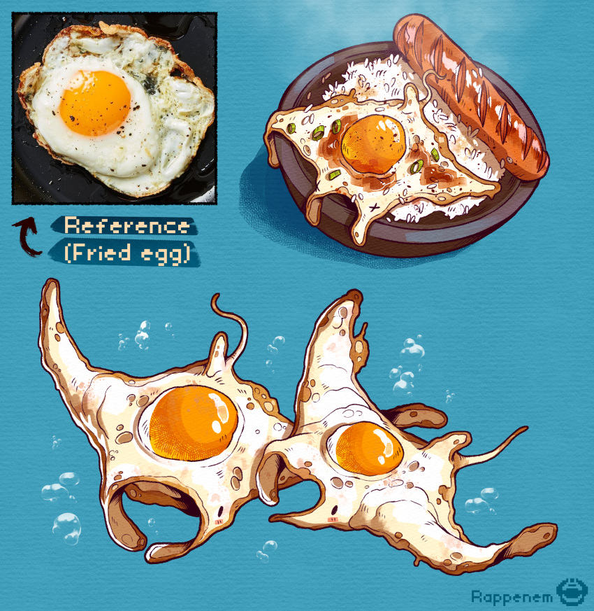 absurd_res ambiguous_gender clip_studio_paint_(artwork) digital_media_(artwork) duo egg_creature english_text feral fish food food_creature fried_egg hi_res marine meat plate rappenem ray_(fish) reference_image rice sausage text x_eyes