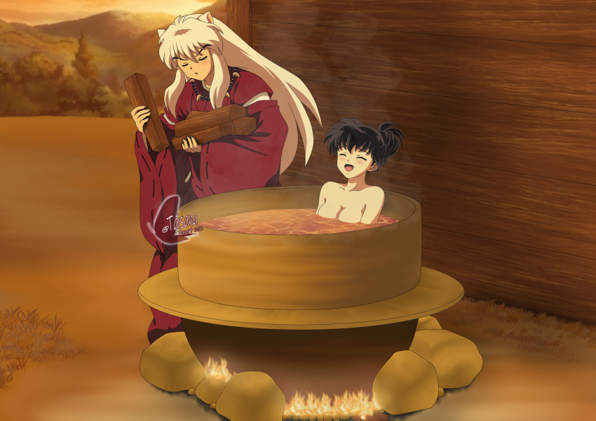 1boy :d ^_^ animal_ears bathing bead_necklace beads black_hair breasts cat_ears cleavage closed_eyes collarbone english_commentary female fire highres higurashi_kagome inuyasha inuyasha_(character) japanese_clothes jewelry kimono long_hair medium_breasts necklace nude outdoors red_kimono smile straight_hair sunset taisana tooth_necklace very_long_hair white_hair wooden_bathtub