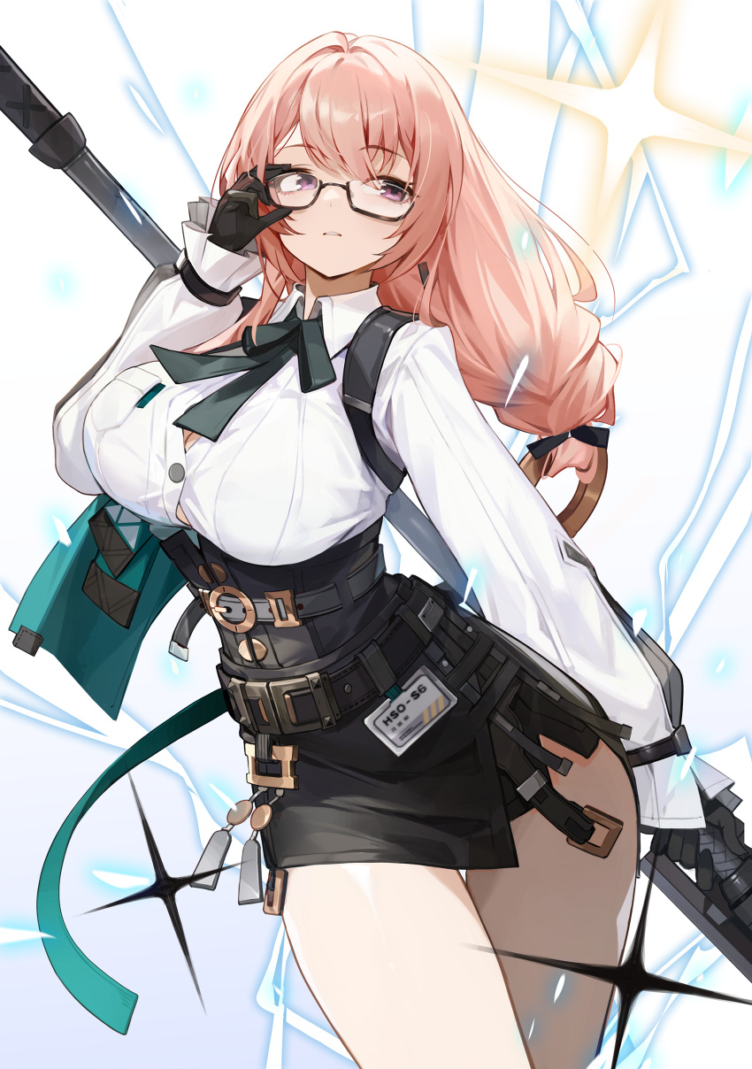 absurdres adjusting_eyewear black_gloves black_skirt breasts commentary_request cowboy_shot dress_shirt female glasses gloves goomrrat hair_between_eyes high-waist_skirt highres large_breasts long_hair looking_to_the_side naginata parted_lips pink_eyes pink_hair polearm shirt sidelocks skirt solo thighs tsukishiro_yanagi weapon white_shirt zenless_zone_zero