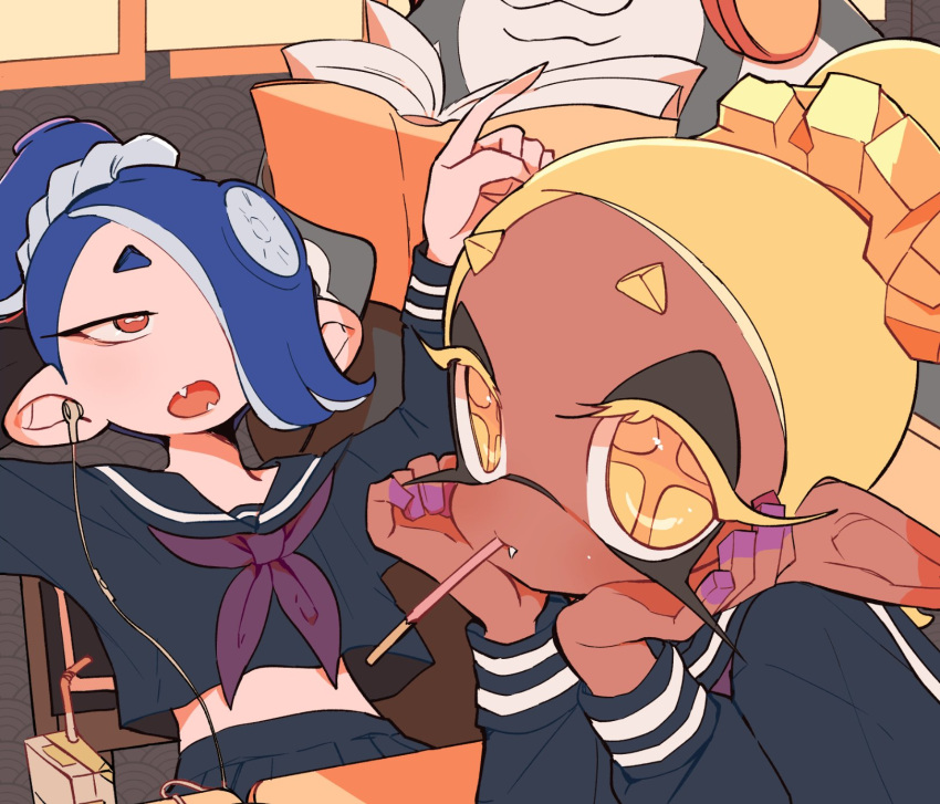 2girls alternate_costume big_man_(splatoon) black_shirt black_skirt blonde_hair blue_hair bright_pupils cephalopod_eyes commentary_request dark-skinned_female dark_skin drinking_straw earbuds earphones eyelashes fang_out fangs food food_in_mouth frye_(splatoon) hair_over_one_eye hairband highres inkling juice_box korean_commentary listening_to_music long_pointy_ears looking_at_viewer maki_chaa medium_hair multiple_girls octoling oerba_yun_fang open_mouth pocky pocky_in_mouth pointing pointy_ears red_eyes sailor_collar sailor_shirt school_uniform shirt shiver_(splatoon) short_eyebrows sitting skirt splatoon_(series) splatoon_3 star-shaped_pupils star_(symbol) symbol-shaped_pupils tentacle_hair thick_eyebrows white_hairband white_pupils yellow_pupils