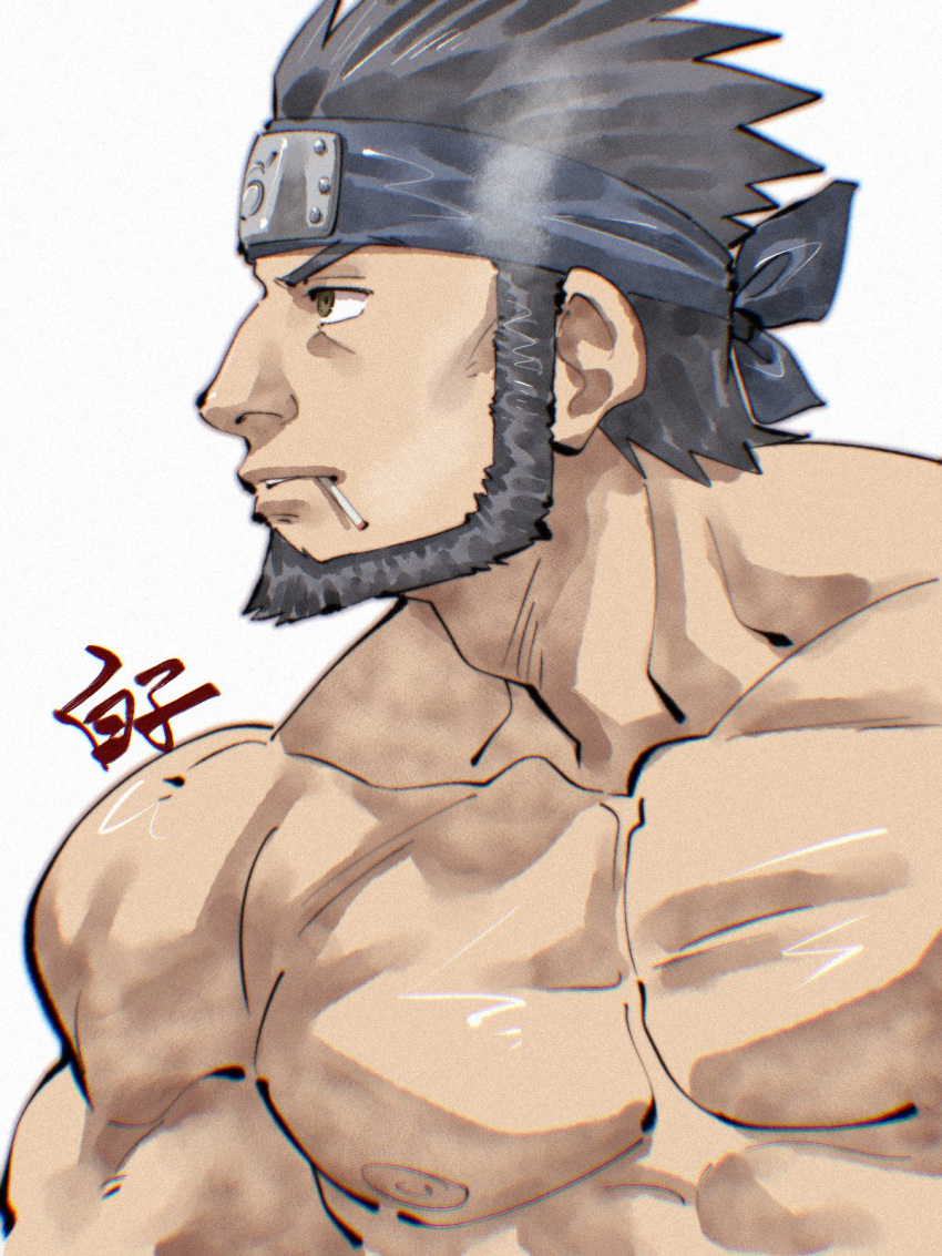 1boy bara beard black_hair brown_eyes cigarette commentary_request facial_hair headband highres male_focus muscular muscular_male naruto_(series) nipples pectorals profile sarutobi_asuma shirako_(kirupi) shredded_muscles signature simple_background smoking solo upper_body