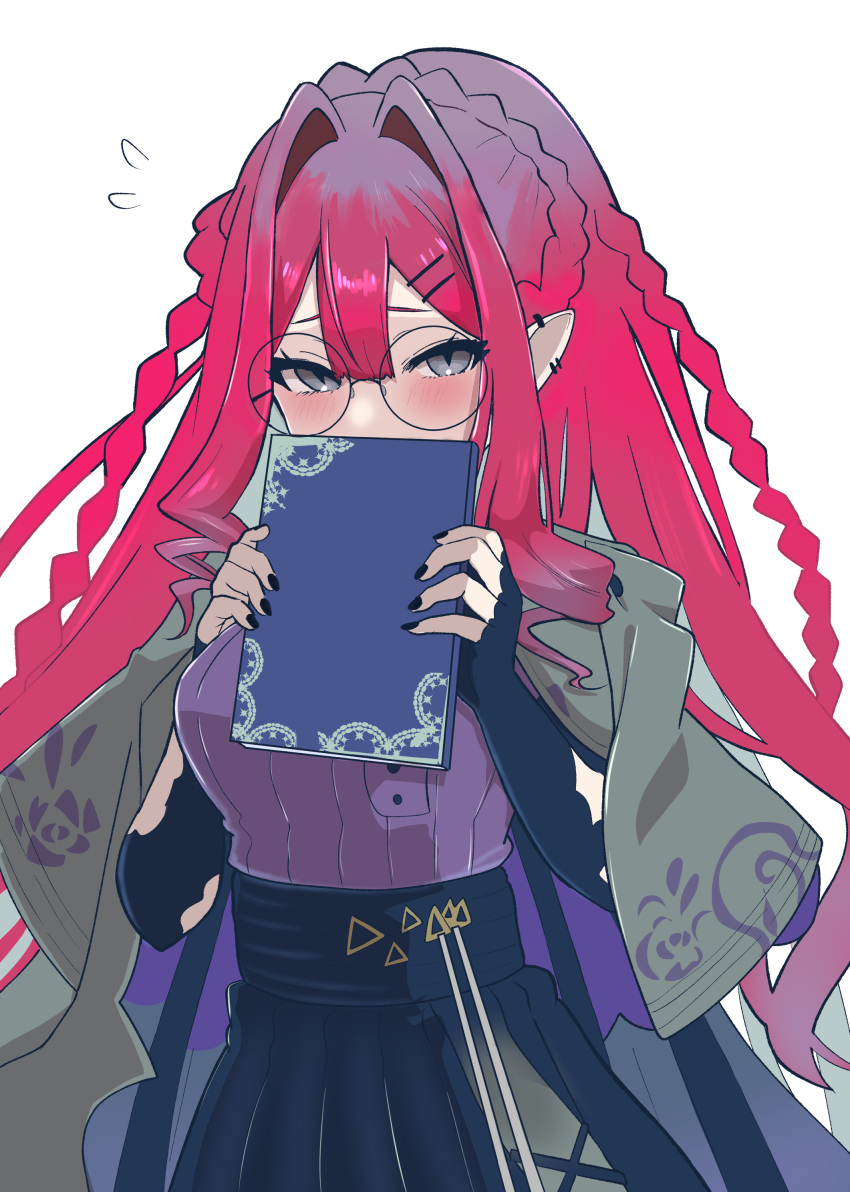 absurdres baobhan_sith_(fate) baobhan_sith_(swimsuit_pretender)_(fate) baobhan_sith_(swimsuit_pretender)_(second_ascension)_(fate) black_nails black_skirt blush book breasts capelet covering_own_mouth ear_piercing fate/grand_order fate_(series) female glasses grey_capelet grey_eyes highres holding holding_book long_hair long_sleeves looking_at_viewer piercing pink_hair pointy_ears purple_shirt round_eyewear sheyona shirt sidelocks skirt solo white_background