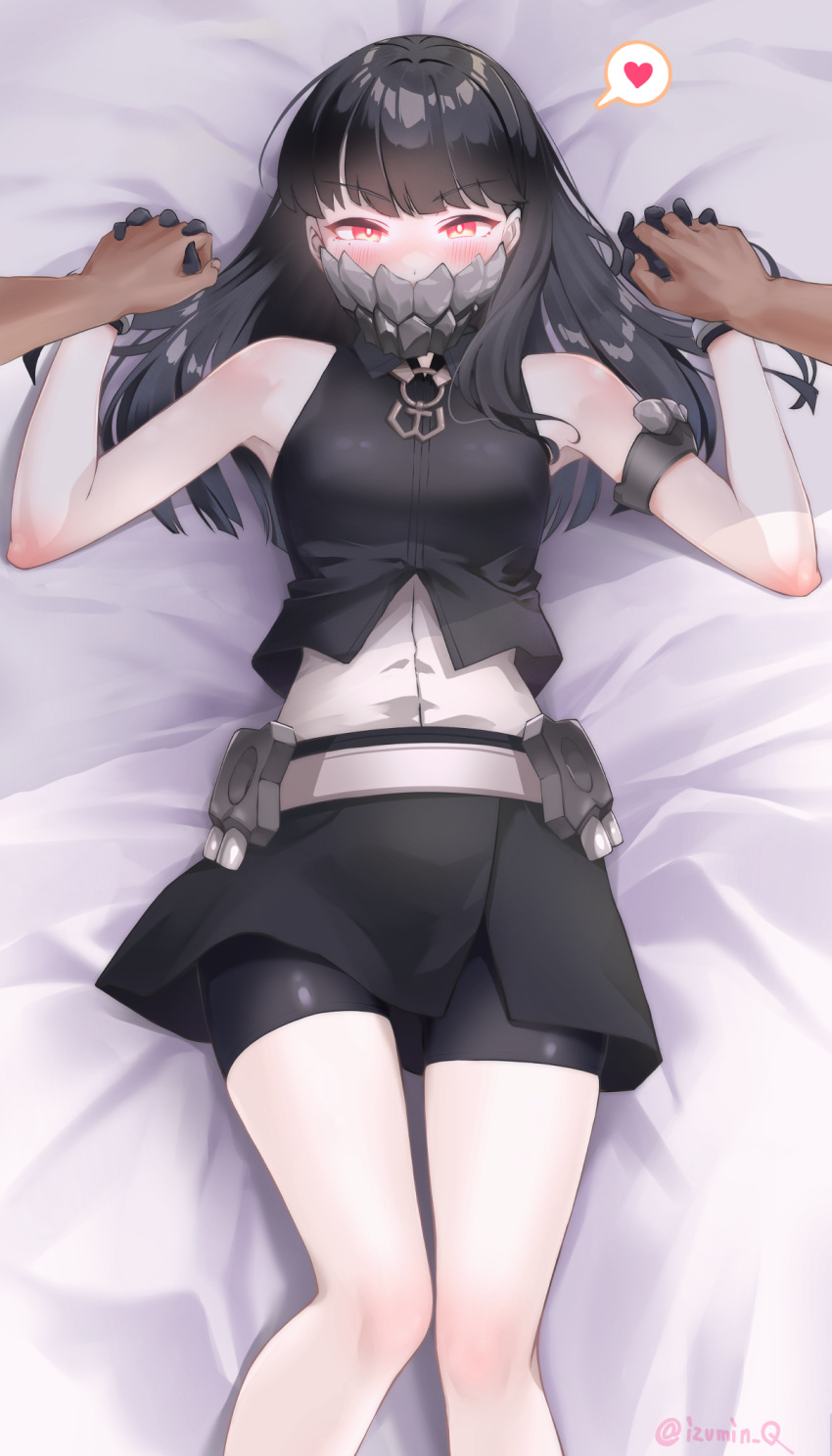 abyssal_ship alternate_costume belt bike_shorts black_gloves black_hair black_shirt black_skirt blunt_bangs blush breasts commentary_request cowboy_shot dark_persona female gloves glowing glowing_eyes heart highres holding_hands izumikuma kantai_collection looking_at_viewer lying mask medium_breasts mouth_mask on_back on_bed outer_southern_sea_destroyer_princess pov red_eyes shirt skirt sleeveless sleeveless_shirt solo_focus spoken_heart