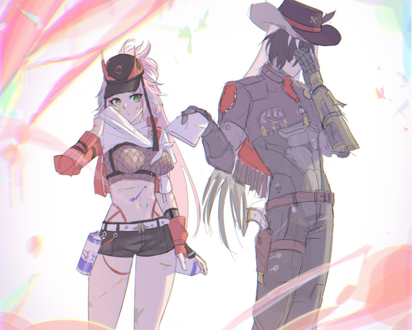 1boy arm_at_side asymmetrical_sleeves baseball_cap black_hair boothill_(honkai:_star_rail) breasts closed_mouth clothes_lift cowboy_hat crop_top cropped_legs cyborg female fingerless_gloves fishnet_top fishnets gloves gnarlypzofbread green_eyes grey_hair gun hand_on_own_face hand_up handgun handkerchief hands_up hat highres holding holding_handkerchief holster holstered honkai:_star_rail honkai_(series) horned_hat jacket legs_apart lifting_own_clothes long_hair long_sleeves midriff multicolored_hair navel open_clothes open_jacket paint_splatter pants pink_hair rappa_(honkai:_star_rail) shirt shirt_lift short_shorts short_sleeves shorts spray_can standing stomach thigh_holster two-tone_hair very_long_hair weapon