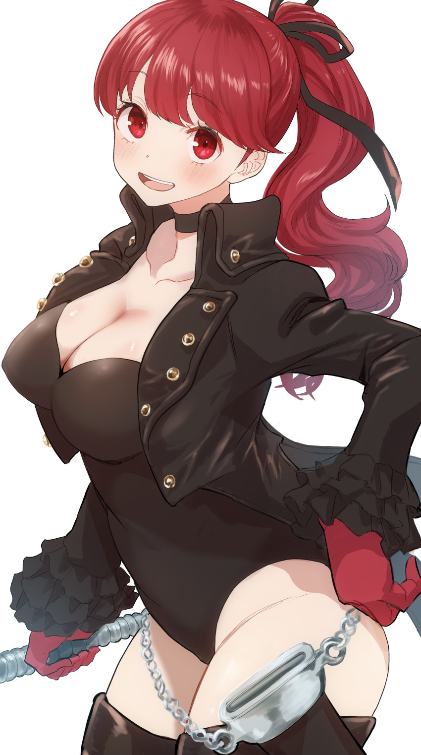 absurdres alternate_breast_size black_choker black_jacket black_leotard black_ribbon black_thighhighs blush breasts buttons chains choker cleavage collarbone commentary_request english_text female frilled_sleeves frills gloves hair_ribbon happy_birthday highleg highleg_leotard highres holding holding_weapon jacket kurosususu large_breasts leotard long_hair long_sleeves looking_at_viewer open_clothes open_jacket open_mouth persona persona_5 persona_5_the_royal ponytail red_eyes red_gloves red_hair ribbon sheath simple_background smile solo strapless strapless_leotard teeth thighhighs thighs upper_teeth_only weapon white_background yoshizawa_kasumi