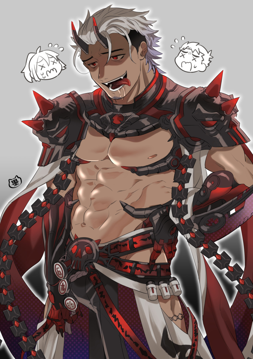 1boy abs armor bara bare_pectorals belt belt_buckle black_hair black_nails buckle cape chibi chibi_inset clothing_cutout crazy_eyes crazy_smile dark-skinned_male dark_skin drooling facial_hair fangs female_protagonist_(live_a_hero) fingernails gaisei_(live_a_hero) goatee_stubble grey_background hair_slicked_back hakama hakama_pants hand_on_own_hip highres horns japanese_clothes live_a_hero male_focus male_protagonist_(live_a_hero) mechanical_gloves mechanical_horns mechanical_tentacles multicolored_hair multiple_belts nipples pants pectorals red_eyes revealing_clothes saliva shaded_face sharp_fingernails short_hair simple_background skull_belt smile solo spikes stubble sumi_wo_hakuneko thigh_cutout tongue tongue_out two-tone_hair undercut white_hair x_x