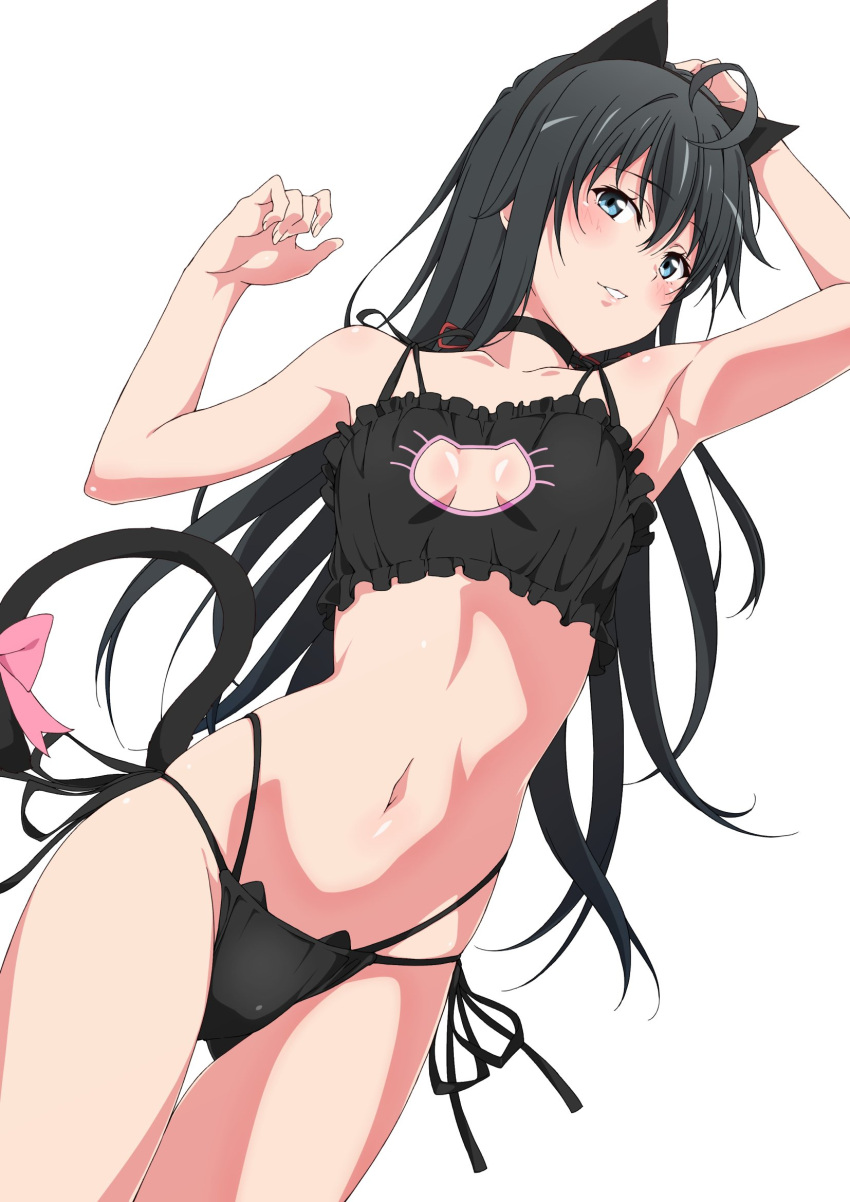 animal_ears arm_up armpits black_bra black_hair black_panties blue_eyes blush bow bra cat_cutout cat_ears cat_lingerie cat_tail cleavage_cutout clothing_cutout collarbone commentary_request fake_animal_ears fake_tail female frilled_bra frills hair_ribbon highres long_hair looking_at_viewer meme_attire navel panties parted_lips pink_bow red_ribbon revision ribbon shou937 side-tie_panties simple_background solo tail tail_bow tail_ornament underwear white_background yahari_ore_no_seishun_lovecome_wa_machigatteiru. yukinoshita_yukino